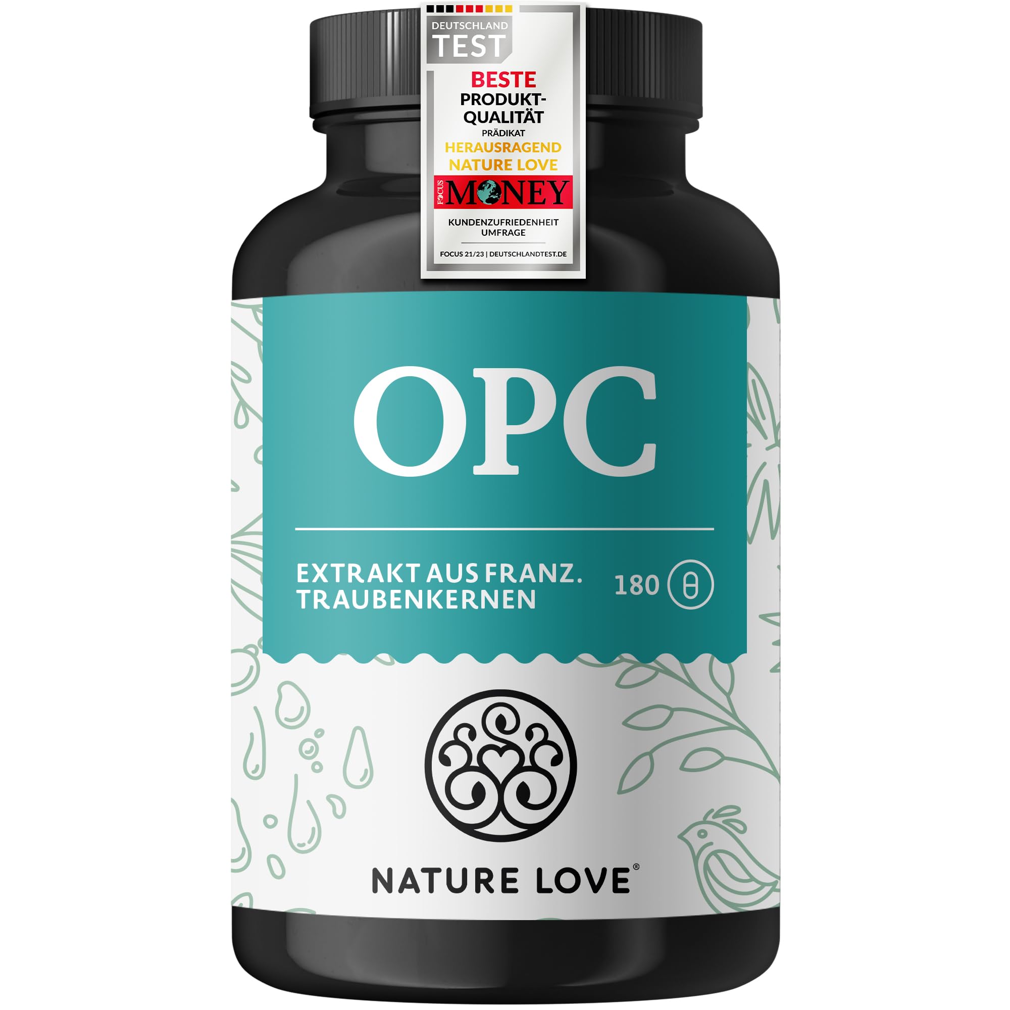 NATURE LOVE® OPC Traubenkernextrakt - 180 Kapseln - hochdosiert mit 800mg Extrakt je Tagesdosis - aus französischen Trauben - mit natürlichem Vitamin C - laborgeprüft, vegan, in Deutschland produziert