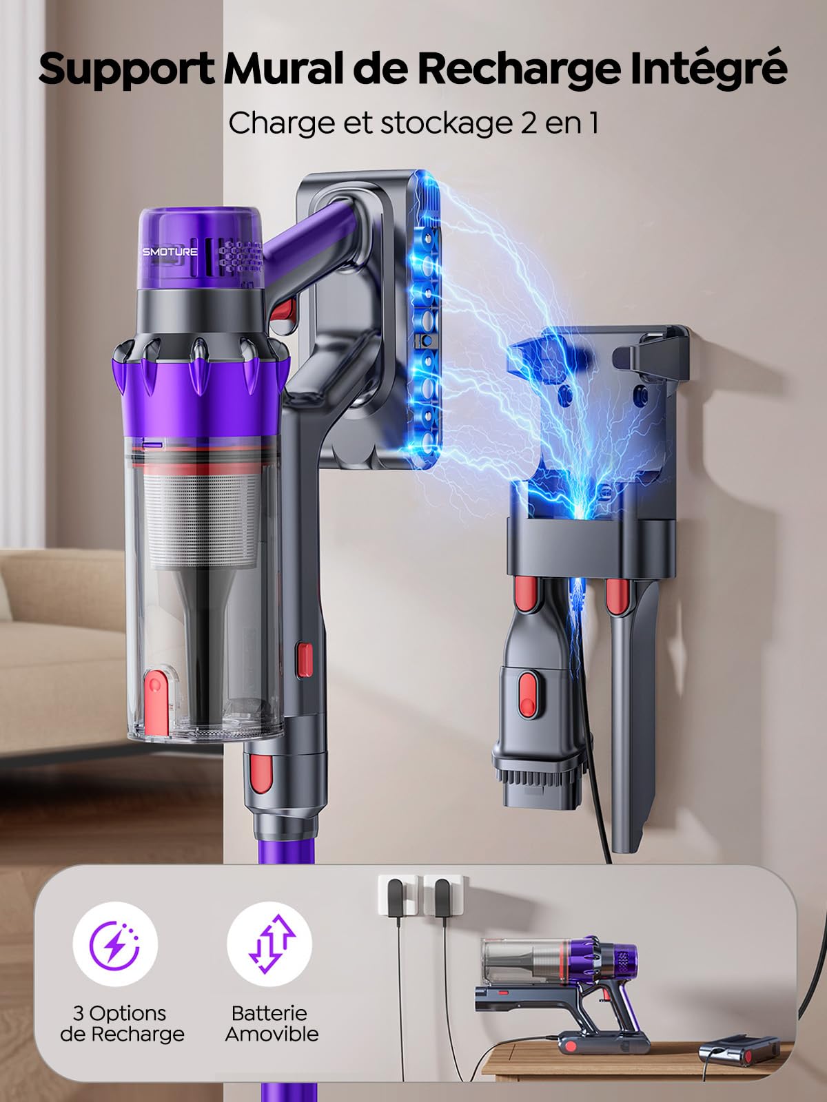 SMOTURE 600W 50KPa Aspirateur Balai sans Fil, 65 Mins Aspirateur sans Fil Puissant avec Brosse Matelas, Charge Murale et Écran LED, Auto Aspirateur Balai pour Poils d’Animaux/Sols Durs/Tapis/Voiture