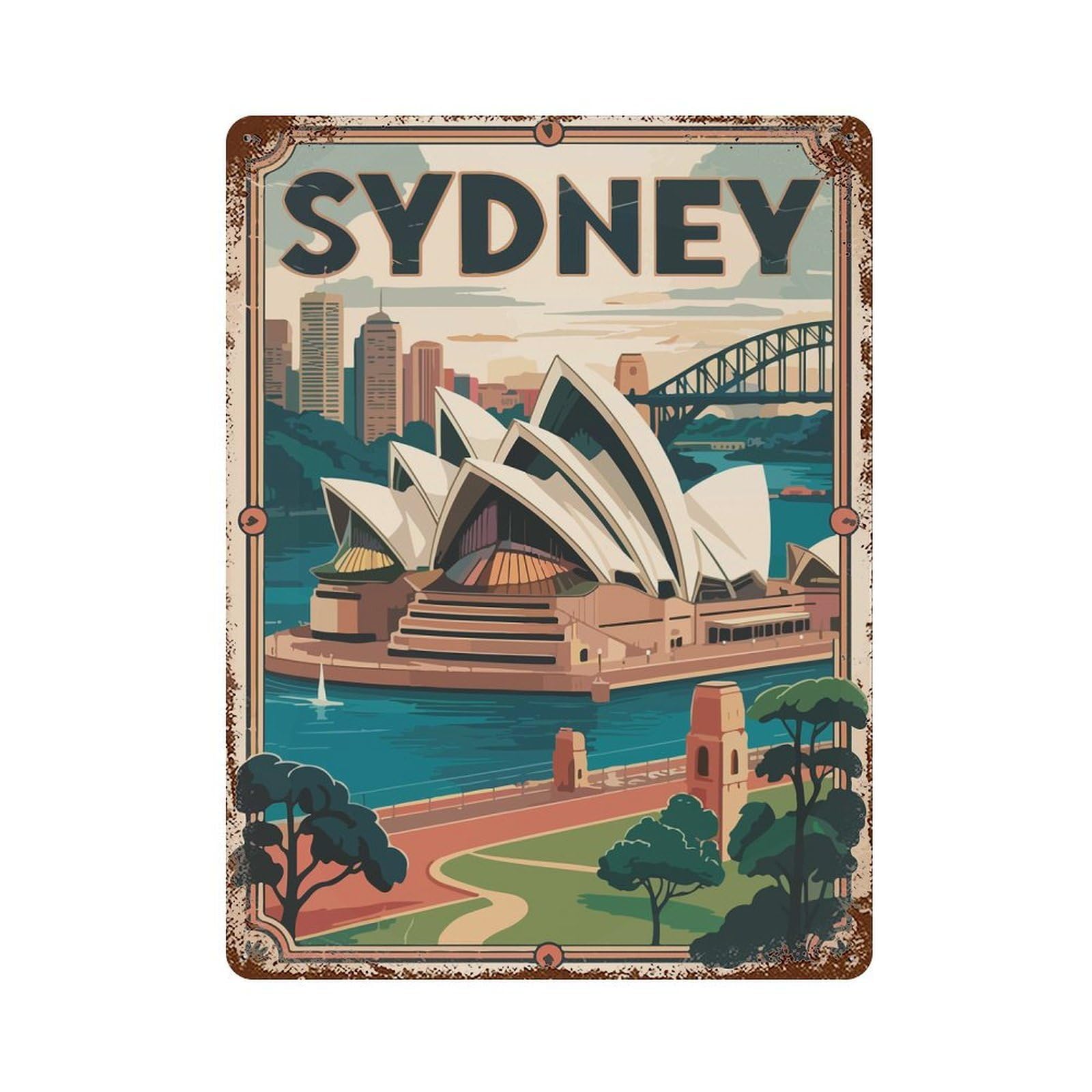 Rust Effect Sydney Travel Vintage Rust Metal Sign 15.7"x11.8", Vintage Wall Decor for Garage, Bar And Workshop Decor