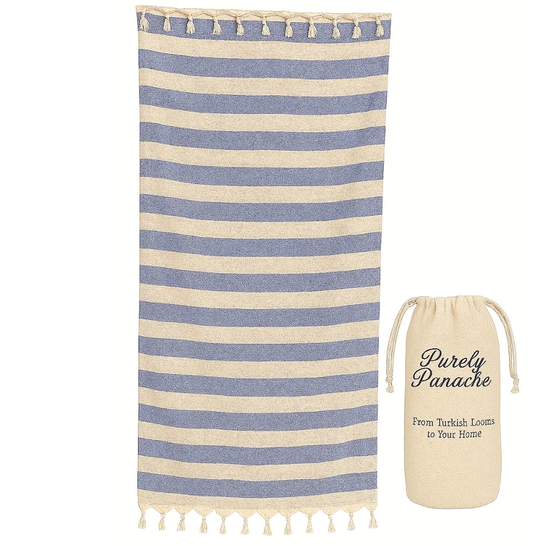 Purely Panache Oversized Turkish Cotton Hammam Peshtemal 100x180cm – Quick Dry Lightweight Bath & Travel Towel with Carry Bag (Yellow - White Stripe) — beige