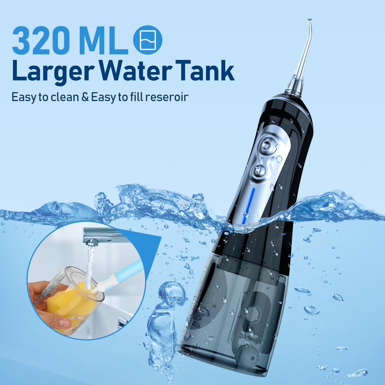 NBGRLVS Irrigador dental de agua para limpieza de dientes inalámbrico, 6 modos ajustables, 320 ml, portátil y recargable, IPX7, impermeable, potente irrigador oral, púas limpiadoras para viajes en