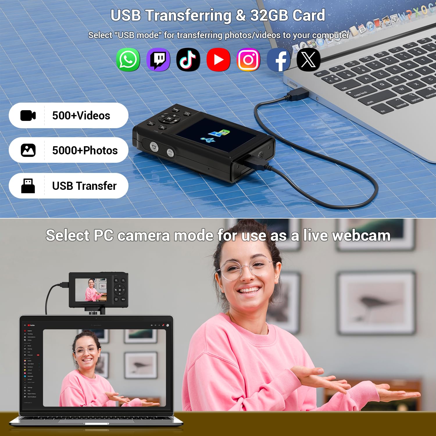 Fotocamera digitale, 4 K 44 MP, autofocus, fotocamera con zoom 16x, LCD da 2,4 pollici, fotocamera compatta portatile per bambini, ragazzi, ragazze, adulti, (nero)