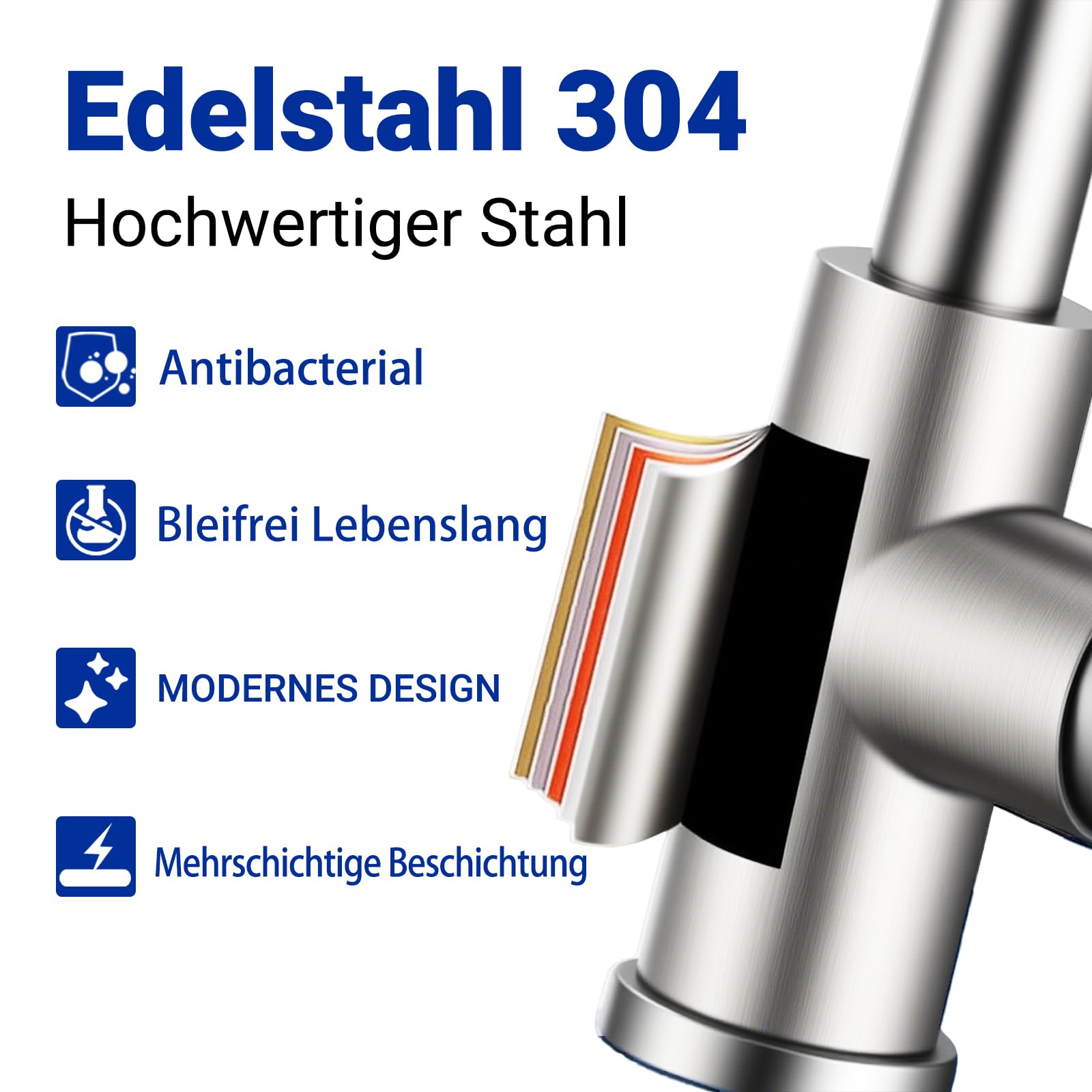 AICA Spülarmaturen Küche, Küchenarmatur Gebürstet, Ausziehbar 360° Drehbar, Hochdruck Mischbatterie mit 27 Zoll Flexschlauch, Einhand-Spültischarmatur für Küche
