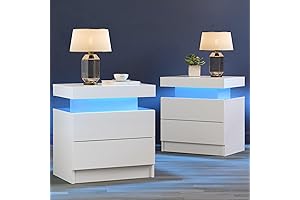White Bedside Table Set of 2 with LED Modern Night Stand