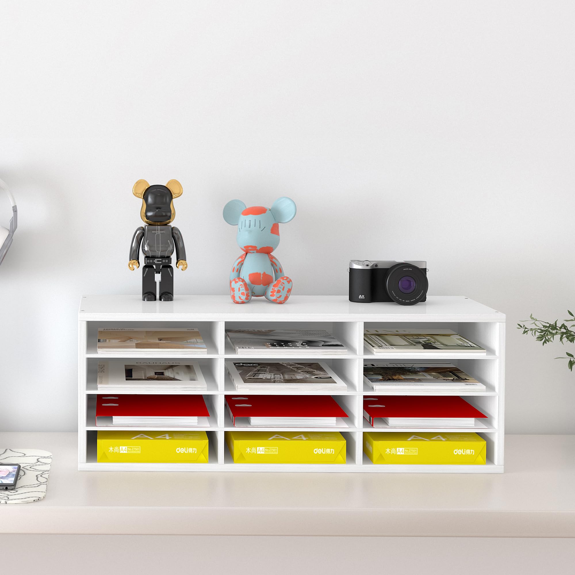 12 Fächer Schreibtisch Ablagefächer Holz, Aktenablage A4 stapelbar,Schreibtisch Ordner Organizer, Büro Briefablage, Halten Sie Ihren Desktop Sauber, Weiß