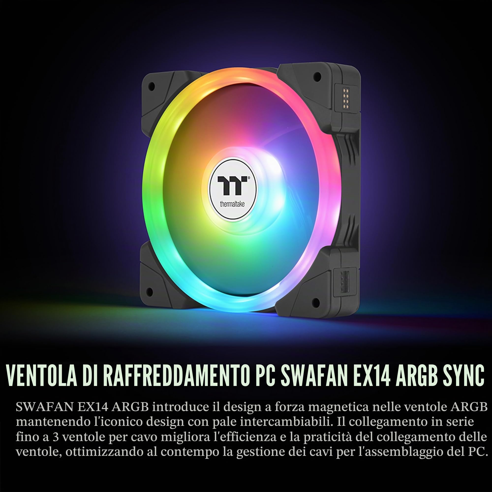 Thermaltake SWAFAN EX 14 ARGB - Ventola di raffreddamento per PC, 3 ventole, 500~2000 giri/min, connessione magnetica, lame reversibili, sincronizzazione con software MB RGB, CL-F168-PL14SW-A, nero