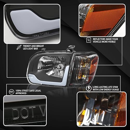 Miniatura 3 de Autozensation Compatible con Toyota Tundra 2005-2006 carcasa negra con lente transparente LED Switchback faros + luces de esquina, par izquierdo y