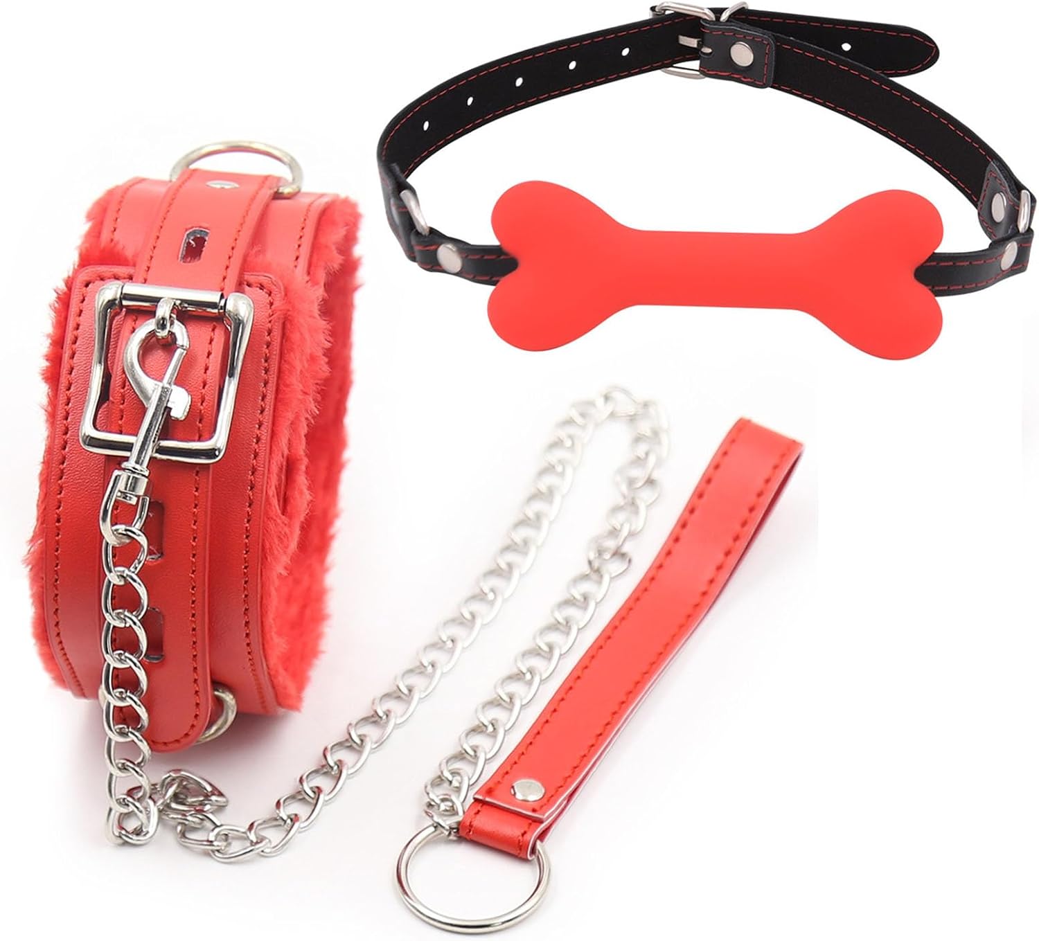 BDSM Bone Shape Mouth Gag and Leather Plush Choker, Couple Bondage Training Kit for Couple Games -LC23USW
