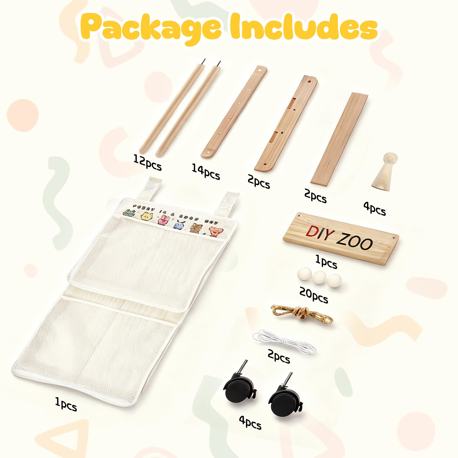 Mobiletto Portaoggetti per Animali di Peluche, 138x40x40CM in Legno Massello, Girevole a 360° e Bloccabile per Soggiorno, Camera da Letto e Cameretta dei Bambini (con Tasche Portaoggetti)