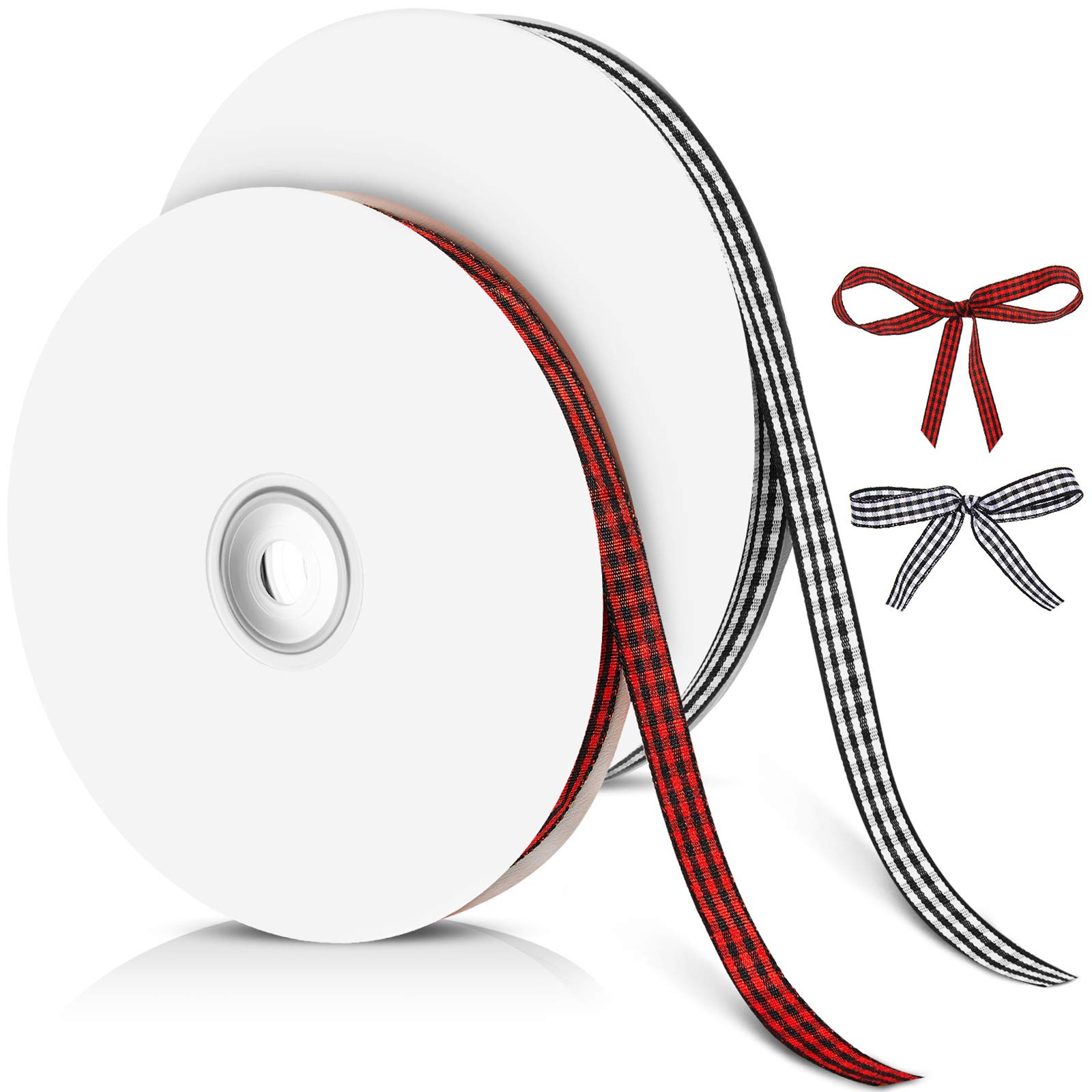 100 Yards Easter Gingham Ribbon - 3/8 Inch Wide Checkered Ribbons for Hair, Craft Decoration & Gift Wrapping - Valentine's Day - 2 Rolls (Red & Black, Black & White)