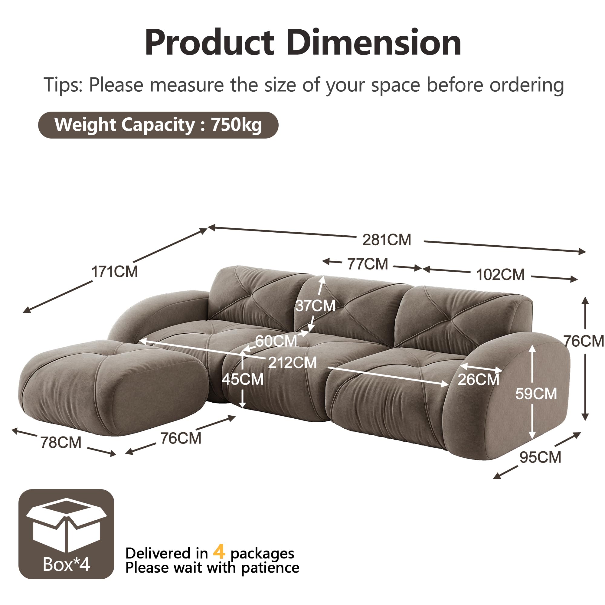 Anself Divano modulare L 3 posti con supporto piedi, chenille morbido resistente, schiuma 32D, senza cornice, 200 kg a seduta, per famiglie e spazi piccoli