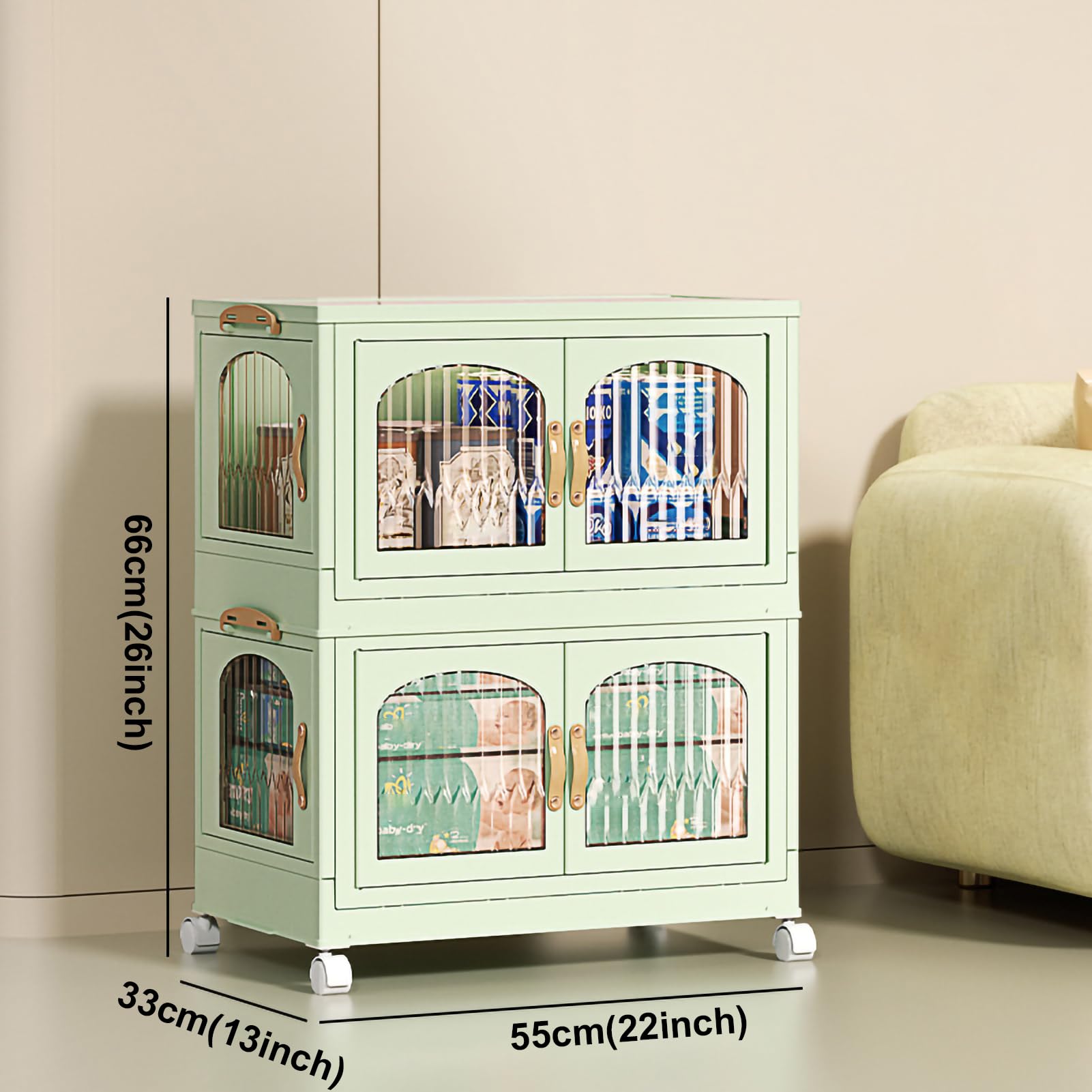 Armario de almacenamiento de plástico de 4 niveles con puertas plegables y ruedas, organizador de contenedores apilable y plegable para cocina, baño y lavadero.