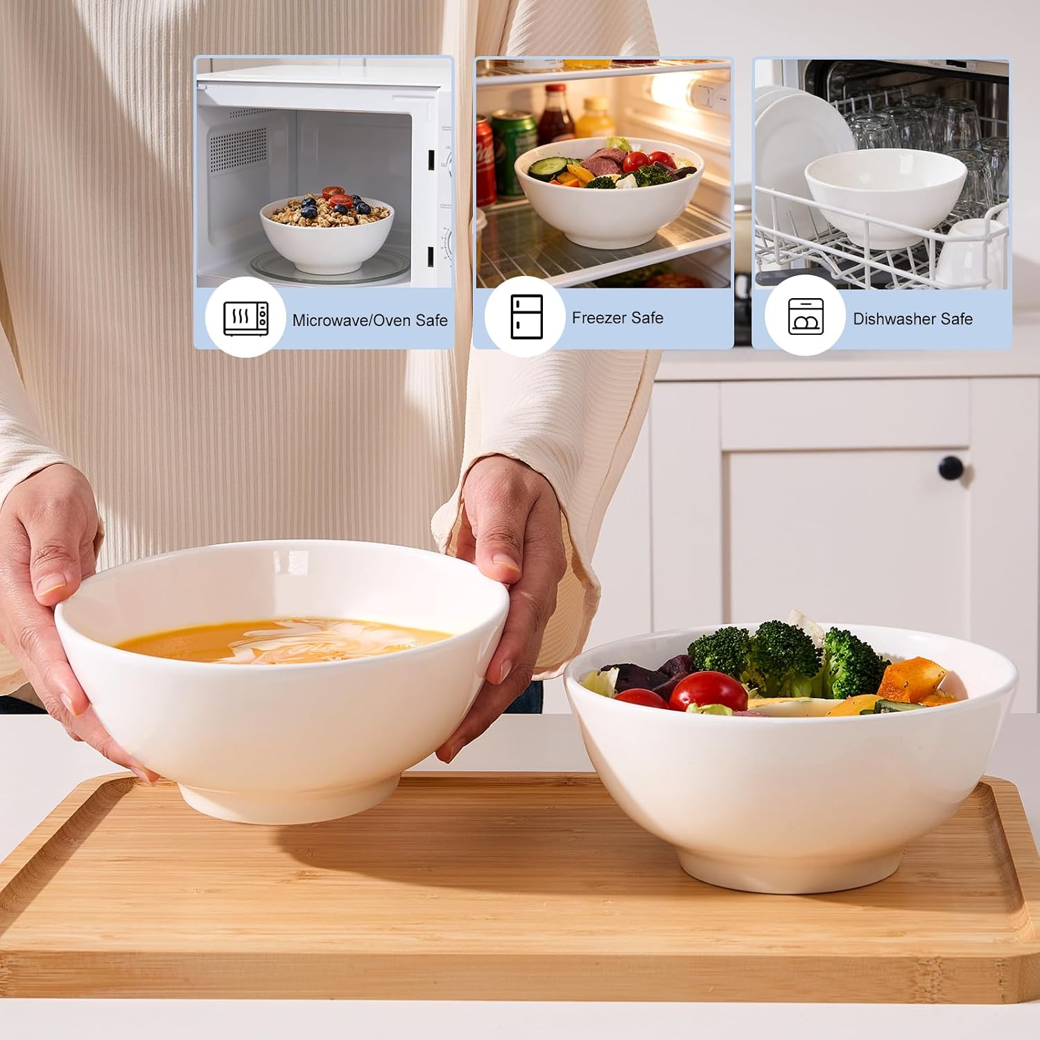 VENVENWEAVS 30 OZ White Thickened Ceramic Bowls Set of 6 Complimentary 6 Spoons, Large Reinforced Ceramic Bowls Perfect for Soup,Salad,Cereal, Ramen And More,Microwave&Dishwasher Safe image 3