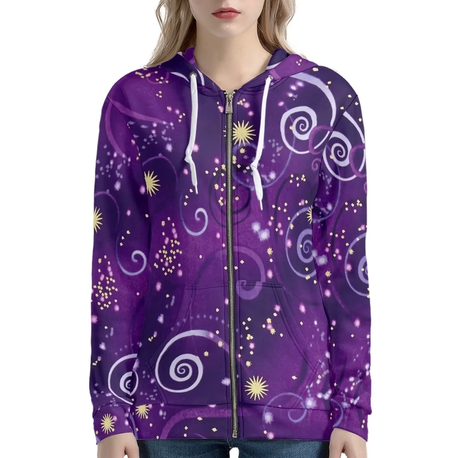 Bluza z kapturem zapinana na zamek błyskawiczny damska odzież dla nastolatek estetyczna bluza kurtki płaszcz cienki XS-5XL, Wirujące niebo gwiazda fioletowa, S