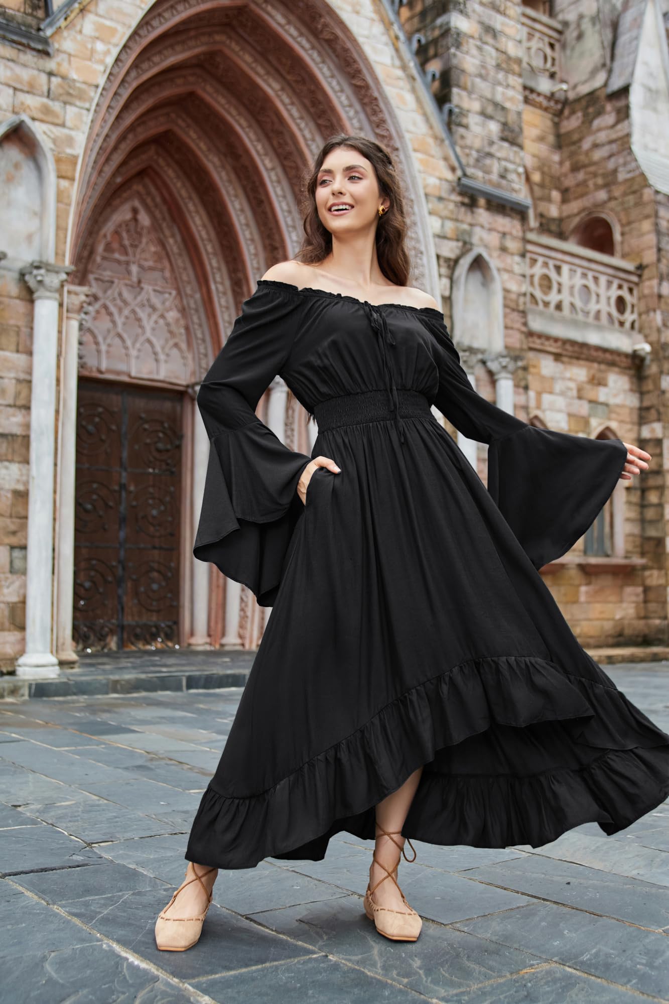 SCARLET DARKNESS Abito Vestito Lungo Donna Medievale Rinascimentale, Spalle Scoperte, Maniche Lunghe Svasate, Linea A