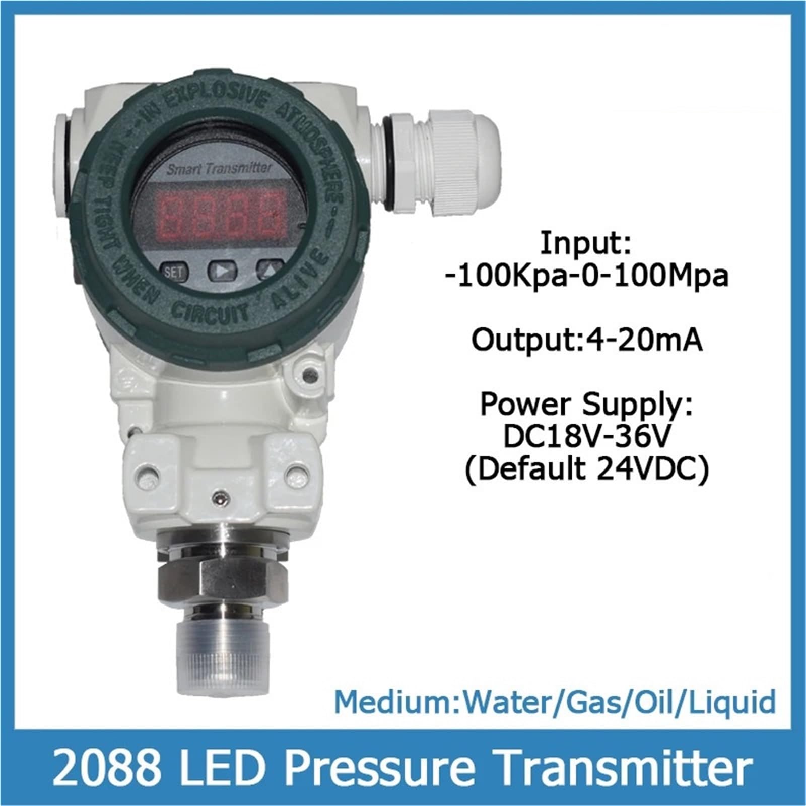 Transmisor de presión con pantalla LED 2088, salida 4-20 mA, sensor for agua, aire, aceite y líquidos (positivo/negativo) Alta precisión(0-10KPa)