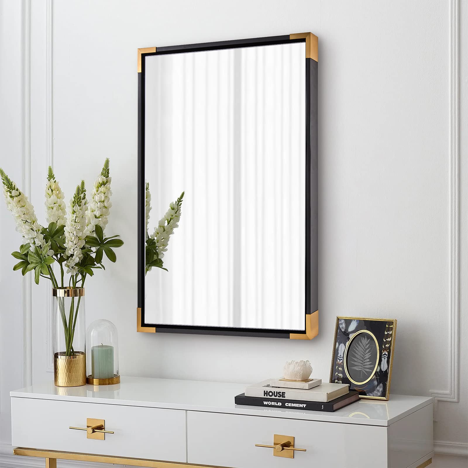 ANDY STAR 24x32” Strong Pine Wood Black Bathroom Mirrors for Wall, Rectangle Wall Mirror with Gold Metal Corner, Clean Modern Mirror for Bathroom Vanity Living Room Hangs Vertical or Horizontal