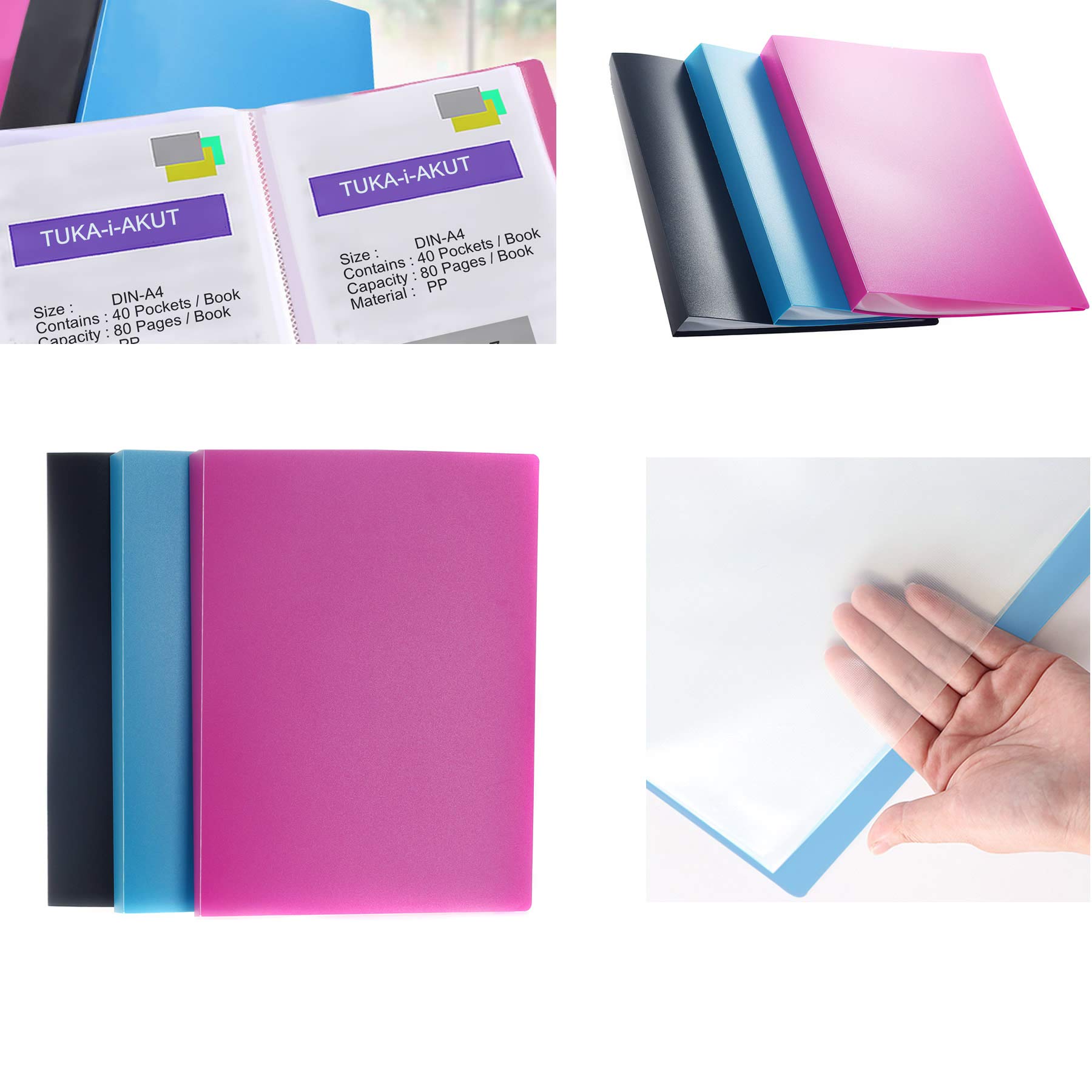 TUKA-i-AKUT 3 x Teczka Prezentacyjna, 120 Kieszeni, Całkowicie Przezroczyste, 3 x 40 cm, Zestaw 3 Książek Ekspozycyjnych w 3 Kolorach, TKD8017-3x