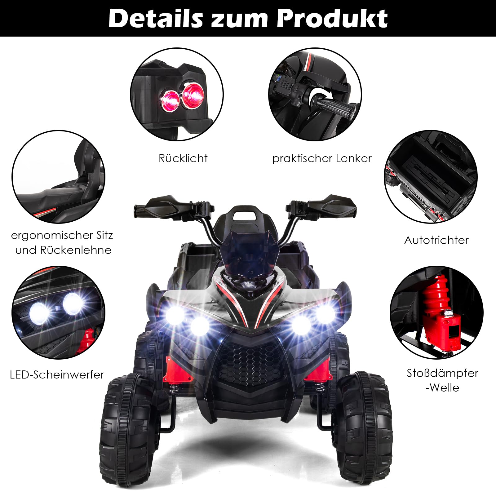 COSTWAY Elektryczny quad dziecięcy 12 V, elektryczny quad z bagażnikiem z tyłu, pojazdy elektryczne ze światłami LED i muzyką, 6 kół, quad, 3-6 km/h, samochód elektryczny dla dzieci od 3 lat