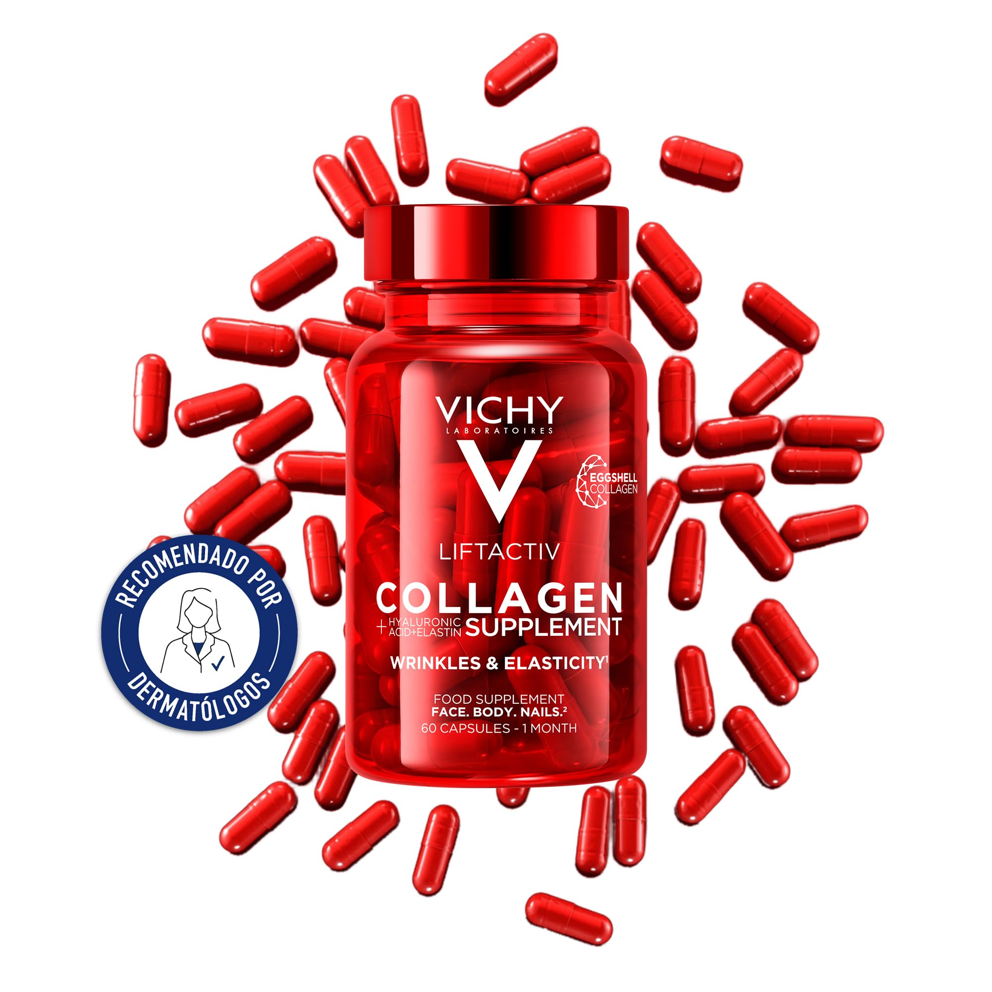 Vichy Liftactiv Suplemento de Colágeno para suavizar la apariencia de las arrugas, tonificar el cuerpo y reafirmar las uñas, para hombres y mujeres, 60 cápsulas.