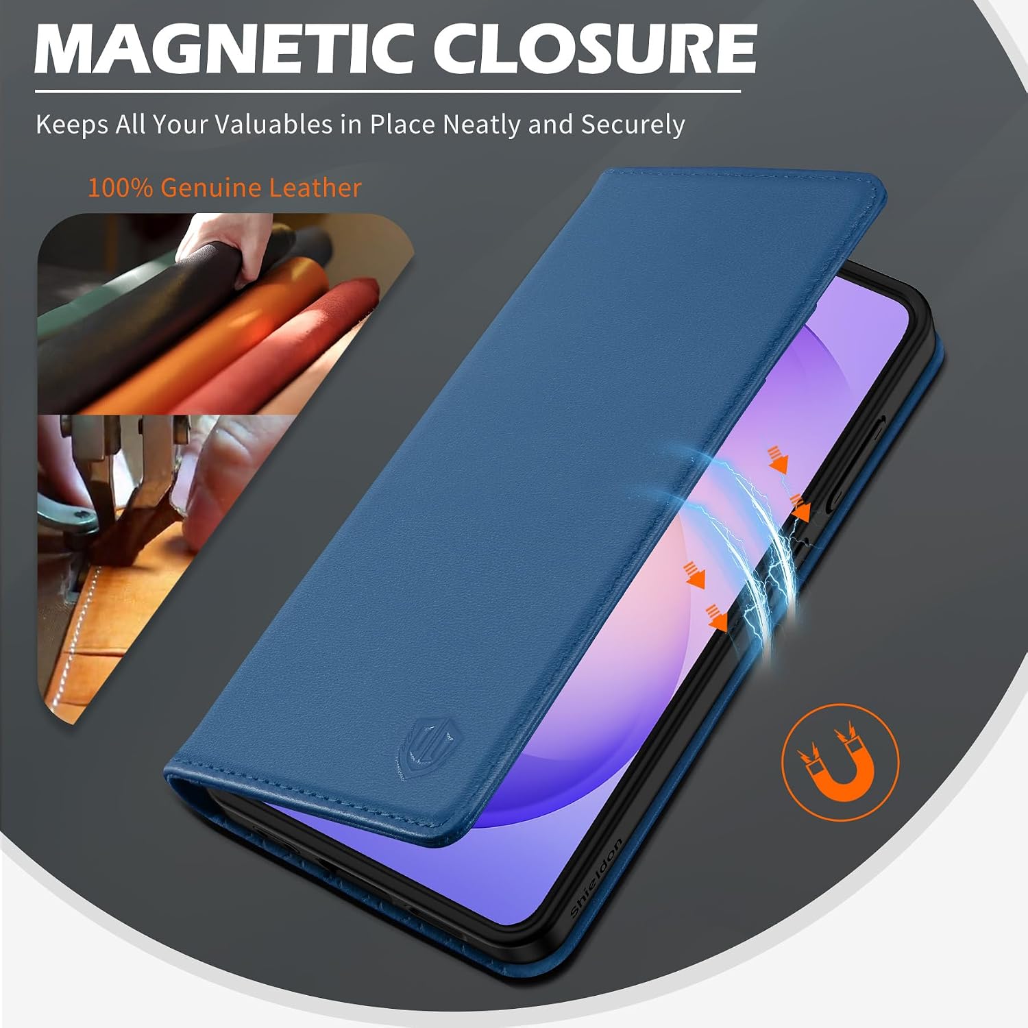 SHIELDON Case for Galaxy S26 6.3" 5G, Genuine Leather Magnetic Wallet Case with RFID Blocking Card Holder, Kickstand, Shock Absorbing Protective Cover Compatible with Galaxy S26 2026 - Royal Blue