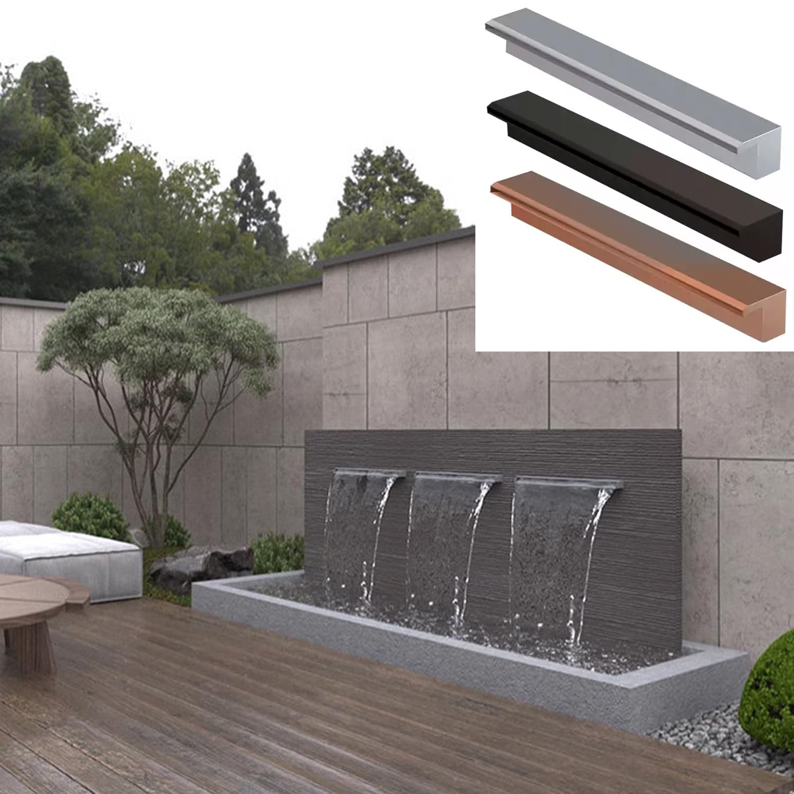 Cascata a sfioro in Acciaio Inox per Piscine e laghetti, Fontana a Incasso con troppopieno e stabilizzatore di Flusso. (42in(107cm))