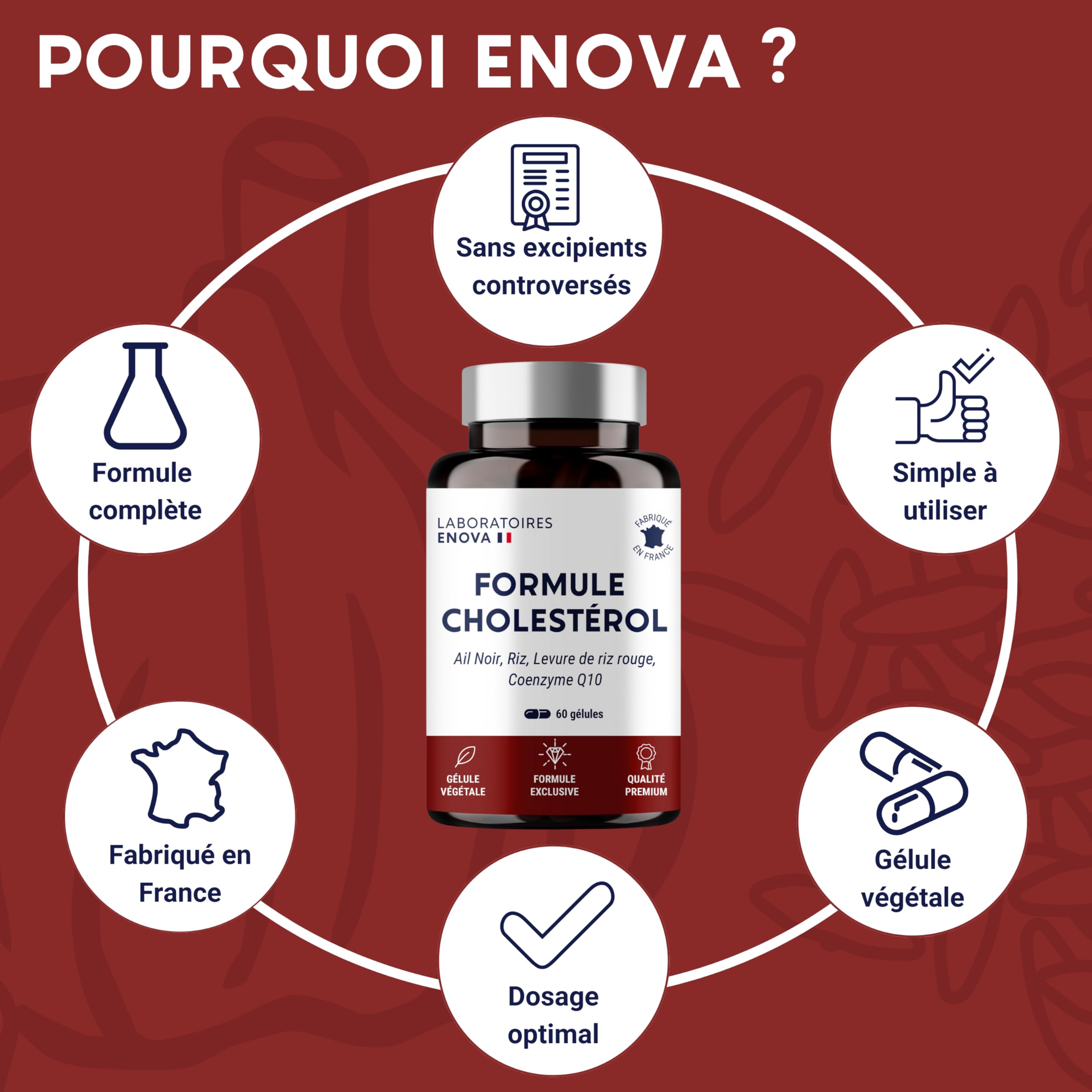 FORMULE CHOLESTÉROL | Ail Noir, Riz, Levure de riz rouge, Coenzyme Q10 | 60 Gélules | Fabriqué en France