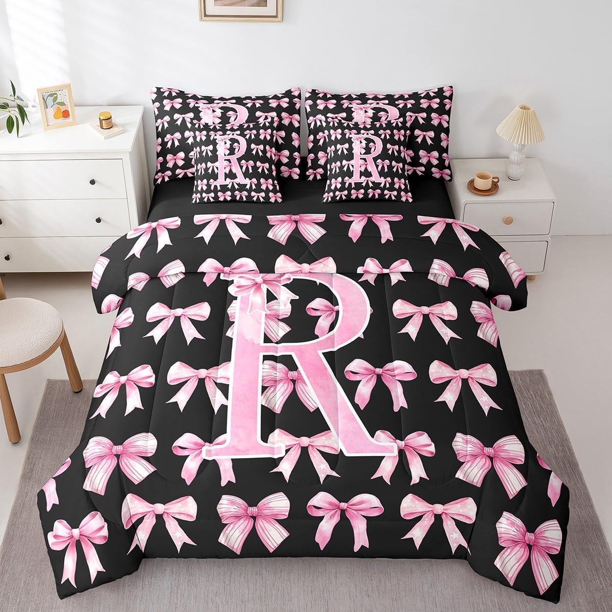 3D Initial Letter R Comforter Set with Sheets Twin Size with Pink and Black Bow Coquette Bow 7 Piece Bedding Set Aesthetic Bowknot Cute Preppy Duvet Insert Modern Girly Monogram Bed in a Bag(R)
