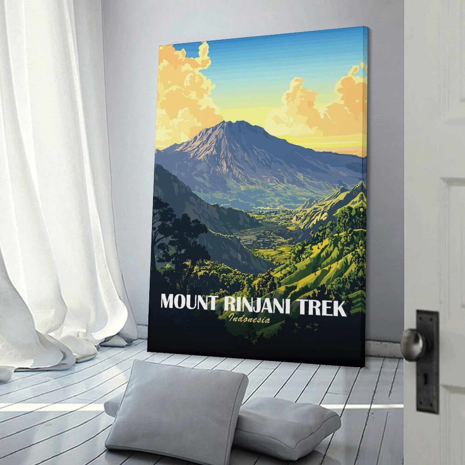 Junmoney Frame-Style-13 Mount Rinjani Trek Indonesia Landscape Art Canvas Wall Decor 24X36inch(60X90cm), For Home Lounge, Bedroom Or Reading Nook, A Home Accent With Warm Character