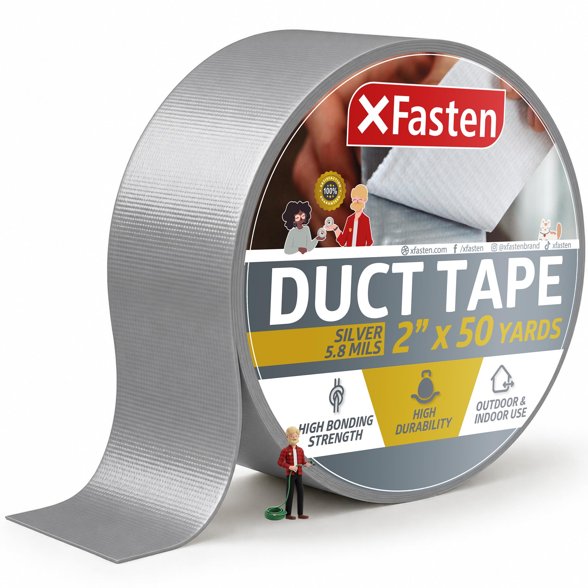 XFasten Duct Tape Silver, 5.8mils, 2 Inches x 50 Yards All-Weather Duct Repair Tape for Commercial Use, Heavy-Duty Repair, Packing | High Tensile Strength, Temperature and Shear Stress Resistance
