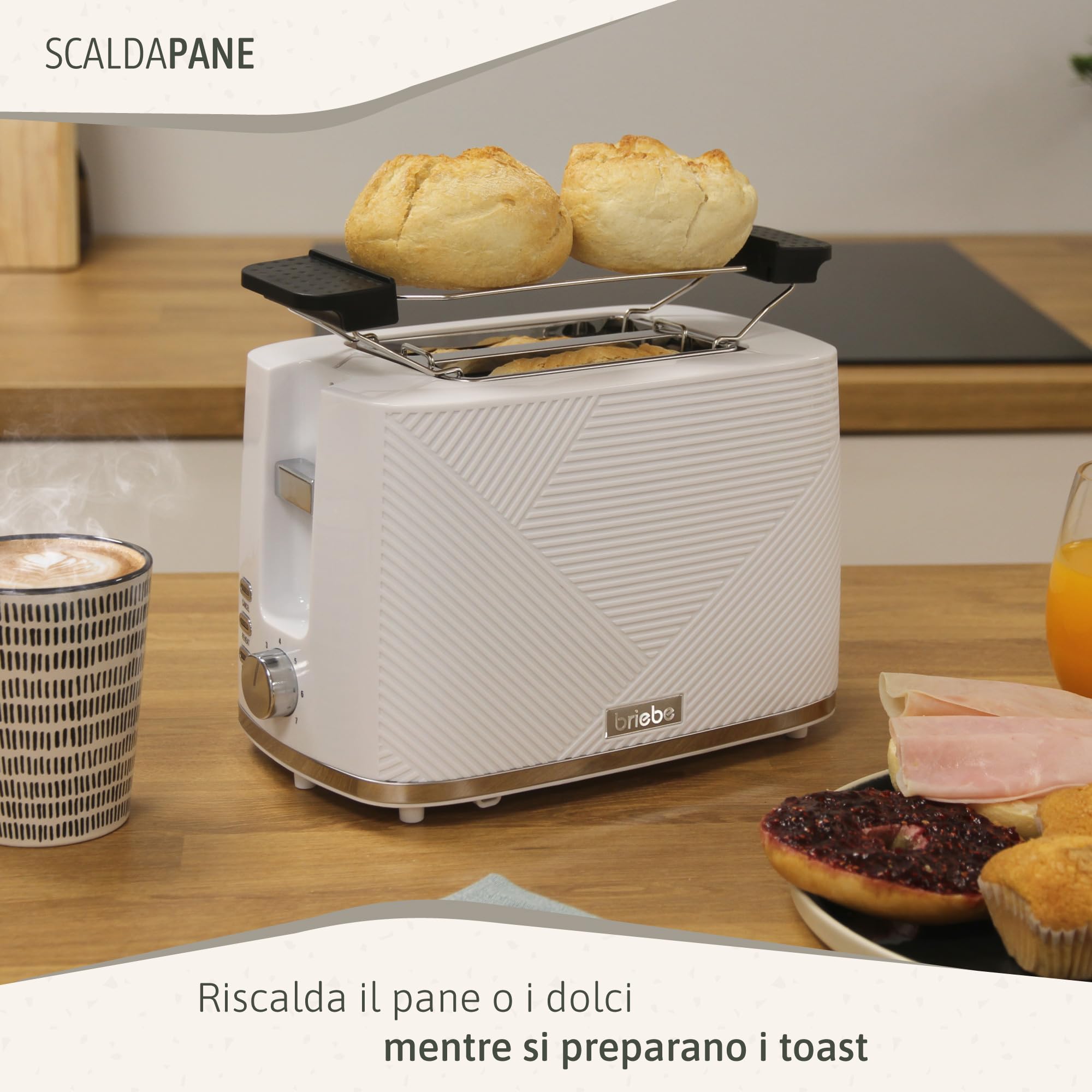briebe Elegance Tostapane a Fessura Larga a 2 Fette, 7 Livelli di Tostatura, Pinze + Bollitore Elettrico 1,7L Cordless, Ebollizione Rapida 2200 W, senza BPA, Set Colazione, Design Moderno Bianco
