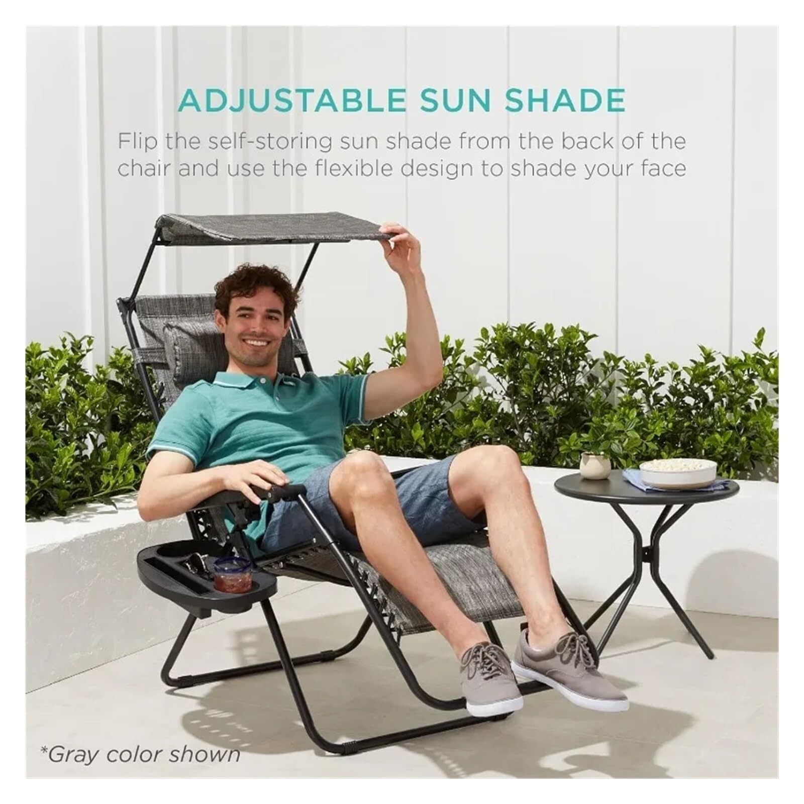 Fauteuil inclinable pliable avec auvent réglable et appui-tête, zéro gravité, chaise longue pour pelouse extérieure