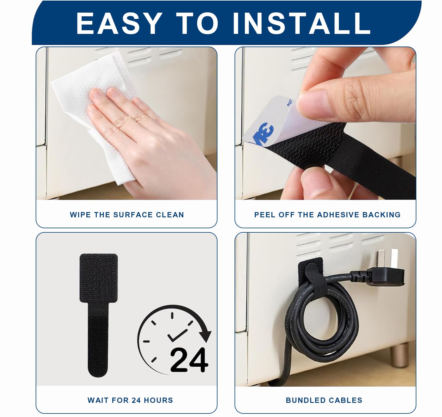 50 Clip Autoadesive per Gestione Cavi Sotto Scrivania - con Sistema Gancio e Anello, Riutilizzabili, Regolabili, per PC, TV, Ufficio e Casa, Installazione Senza Trapano (Black)