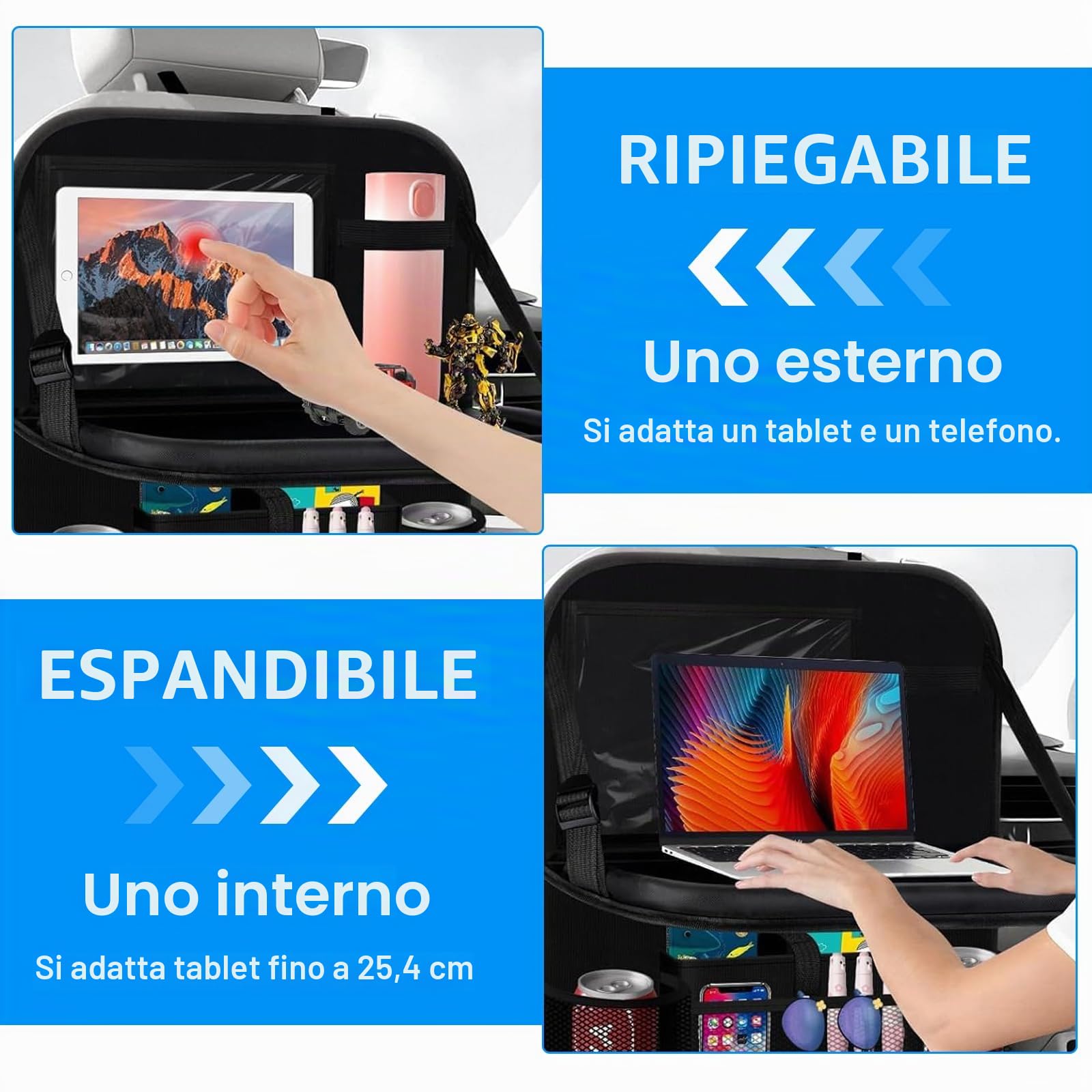 2 Pezzi Organizer Auto per Protezione Sedile Autos Bambini e Copri Sedile Auto Bambini, Con Tavolo Pieghevole, Multifunzione Impermeabile e Numerose Tasche, Protezione per il Sediles Posteriore