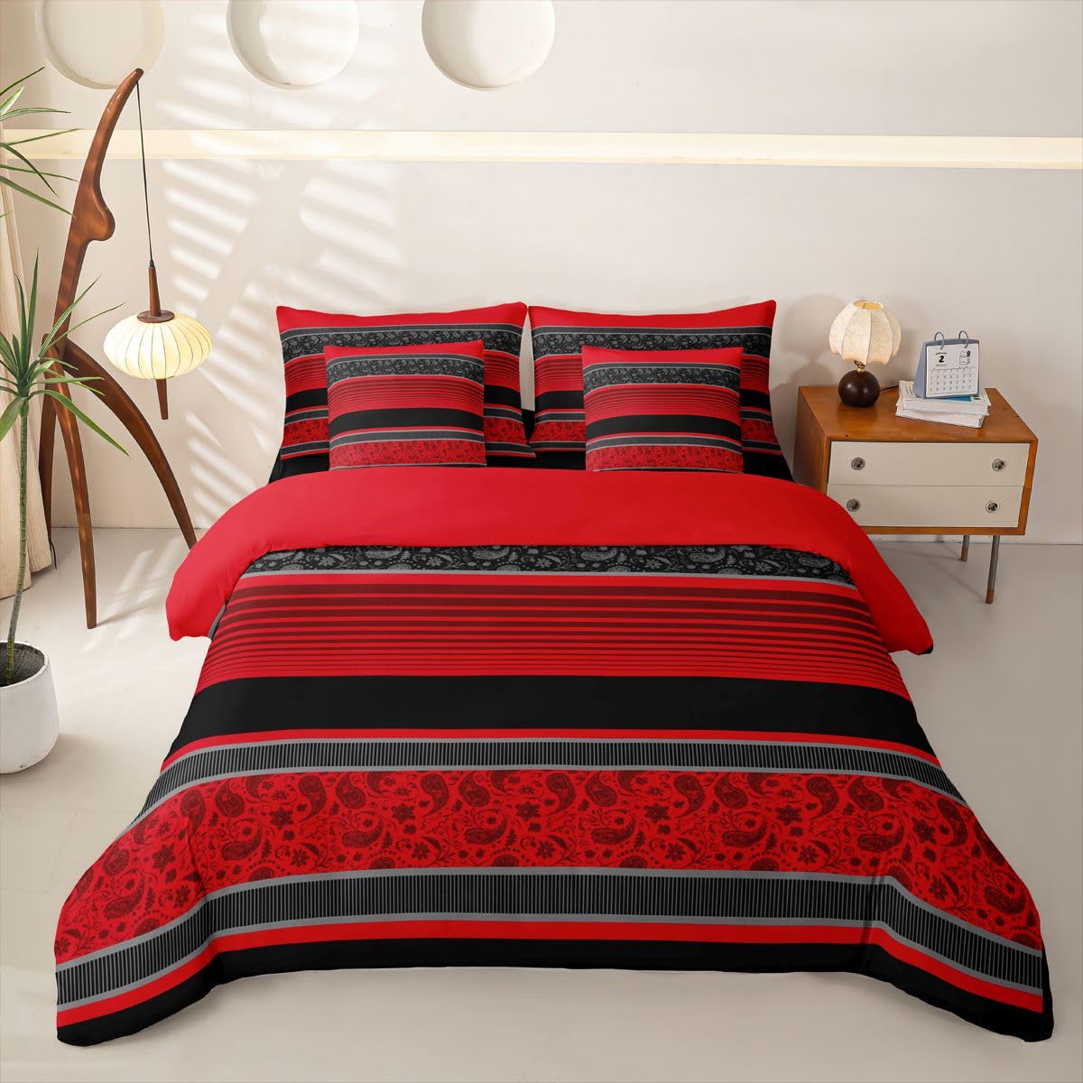 Homemissing Juego de funda de edredón de rayas rojas y negras tamaño King, juego de ropa de cama bohemio de 7 piezas, 1 funda de edredón, 1 sábana encimera, 1 sábana bajera, 2 fundas de cojín, 2
