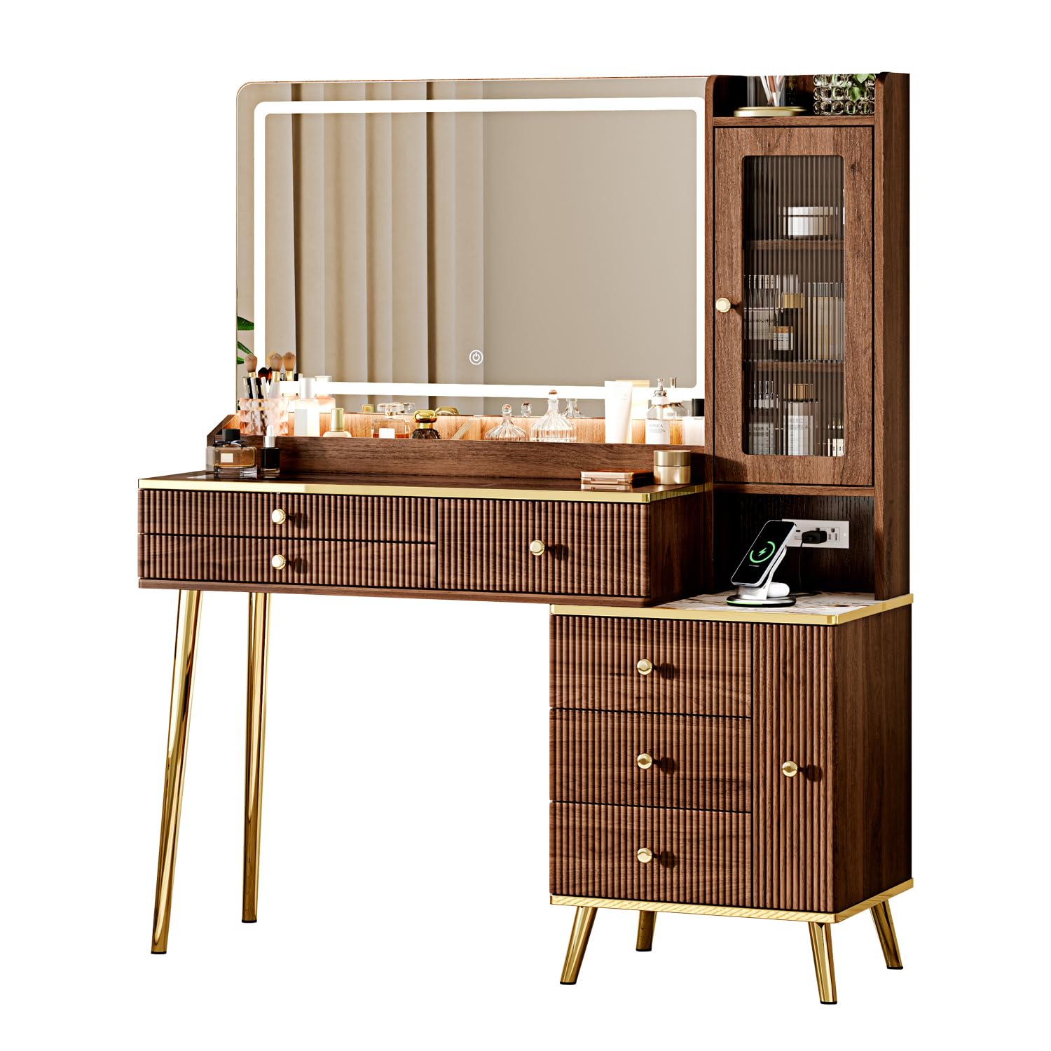 Condition photo showing New/Like New for arulvmrn vanity desk with 35.12" hd lighted mirror, 46.85" big modern vanity desk with mirror and lights, makeup vanity with 7 drawers and storage shelves and charging station, walnut