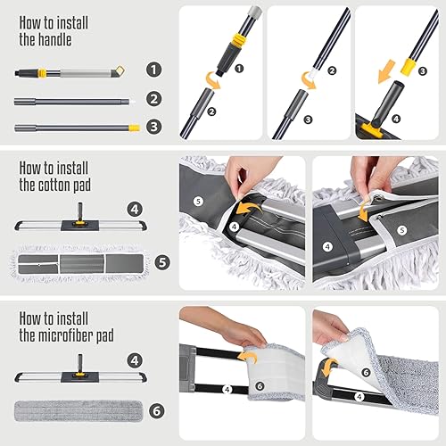 Miniatura 5 de Trapeador industrial comercial de 36 pulgadas, mango largo, algodón lavable y 2 almohadillas de microfibra para trapeador, resistente húmedo y seco