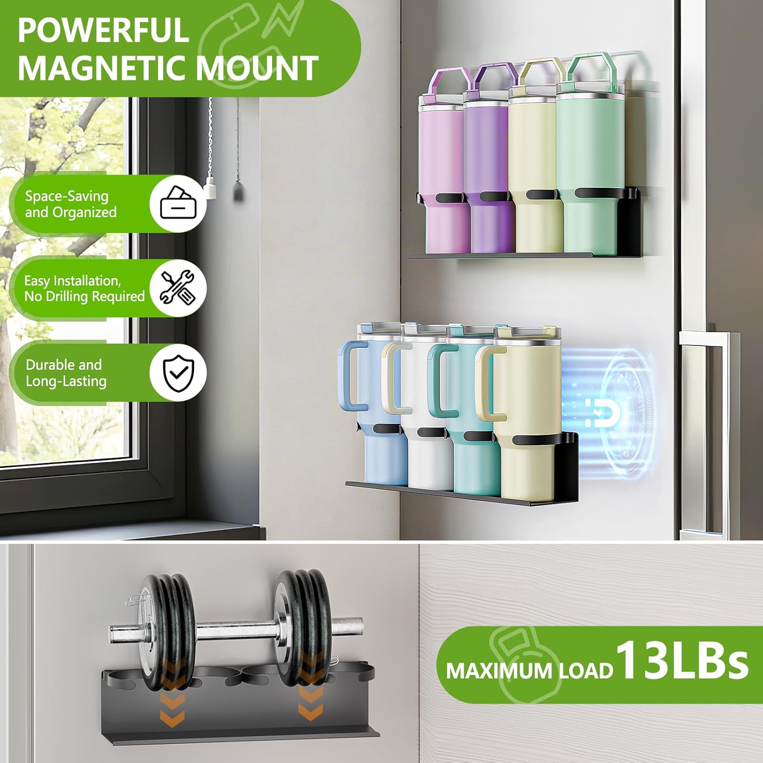 Max Capacity 8-Cup (2x4) Magnetic Stanley Cup Holder for Stanley & Yeti Tumblers (20/30/40oz) – Holds 4 Water Bottle Each, Tumbler Organizer with 7 Hooks for Kitchen Fridge & Metal Surfaces - Image 2