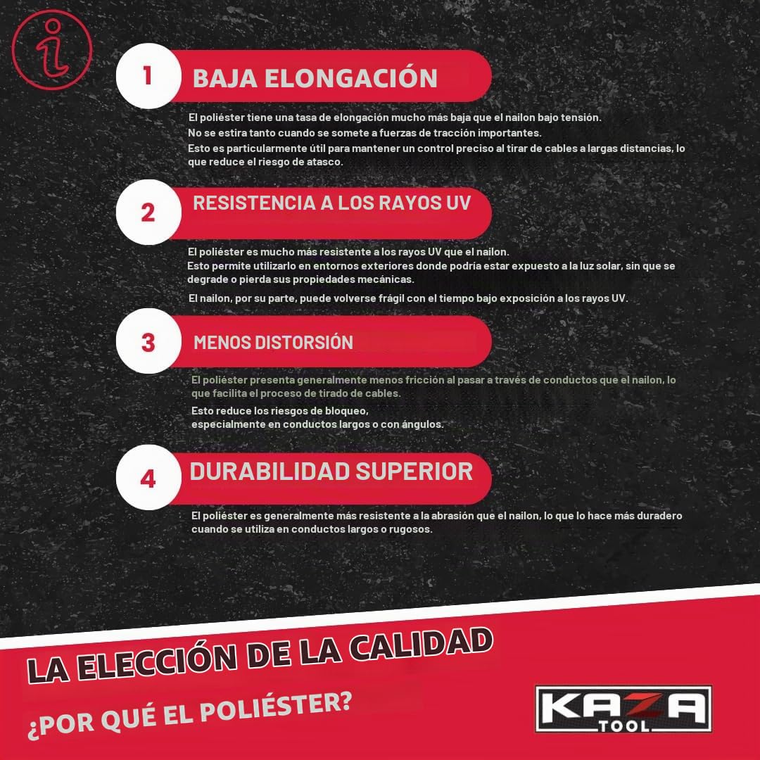 Aguja de Electricista 50m, Φ 4,5mm Pasacables + 5 Adaptadores | Pasacables Cable Eléctrico de Poliéster ULTRA RESISTENTE | Pasacables Fibra Óptica + 2 Cabezales Flexibles de Guiado. Para un trabajo de
