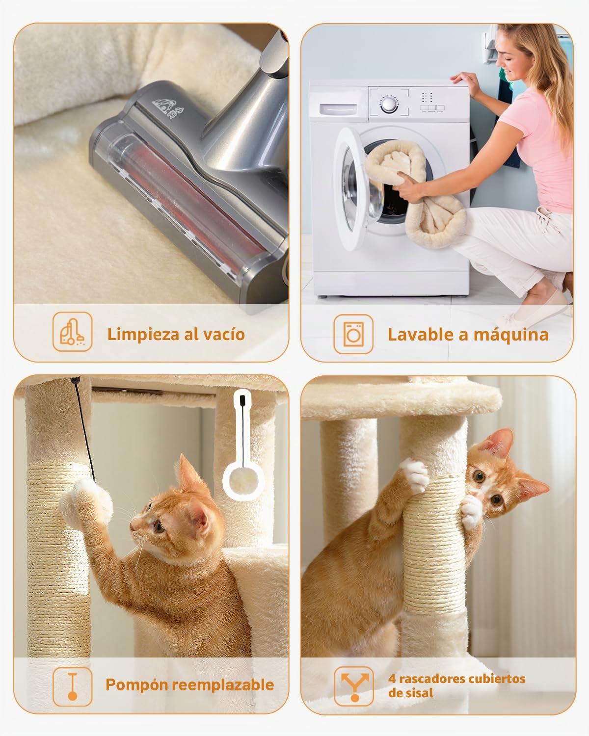 PAWZ Road Árbol para Gatos Con Hamaca de Felpa de Metal, Torre Con Casa Condo de 2 Puertas, Estantes de 6 Niveles Con Poste Rascador, Gran Barra Superior Beige 116 cm
