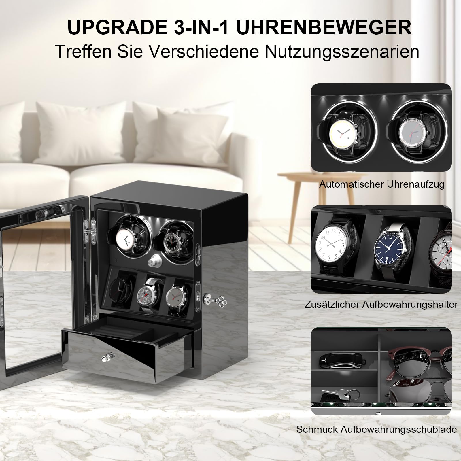 XTELARY Abschließbarer Uhrenbeweger für 2/4/6/8 mit 4 Rotationsmodi, Speicherplätzen,Aufbewahrungsschublade, Weißes LED-Licht Superleiser Motor und Federuhrkissen für Herren und Damen