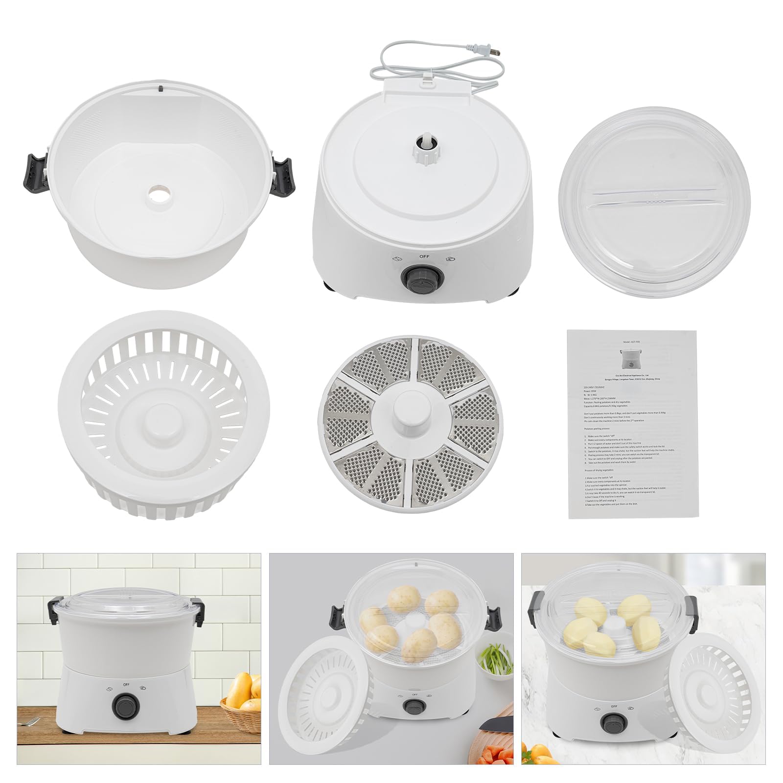 Pelador de patatas eléctrico, capacidad de 800 g, máquina giratoria peladora automática con accionamiento de un solo botón, función de deshidratador de verduras y bloqueo de seguridad B
