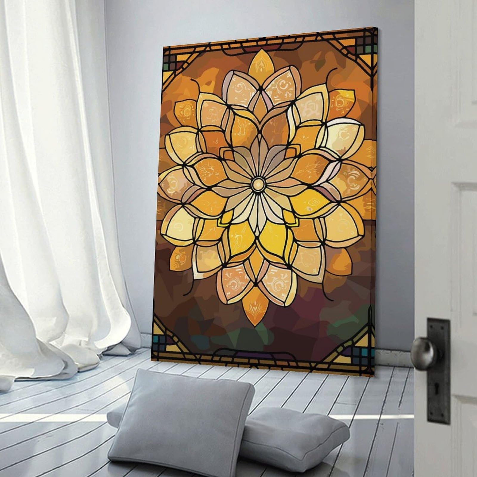 Junmoney Golden Floral Stained Glass Mandala Home Decor Wall Art, 16x24inch(40x60cm), for Home, Office, Studio Or Guest Room, An Adaptable Decor Piece for Home Use