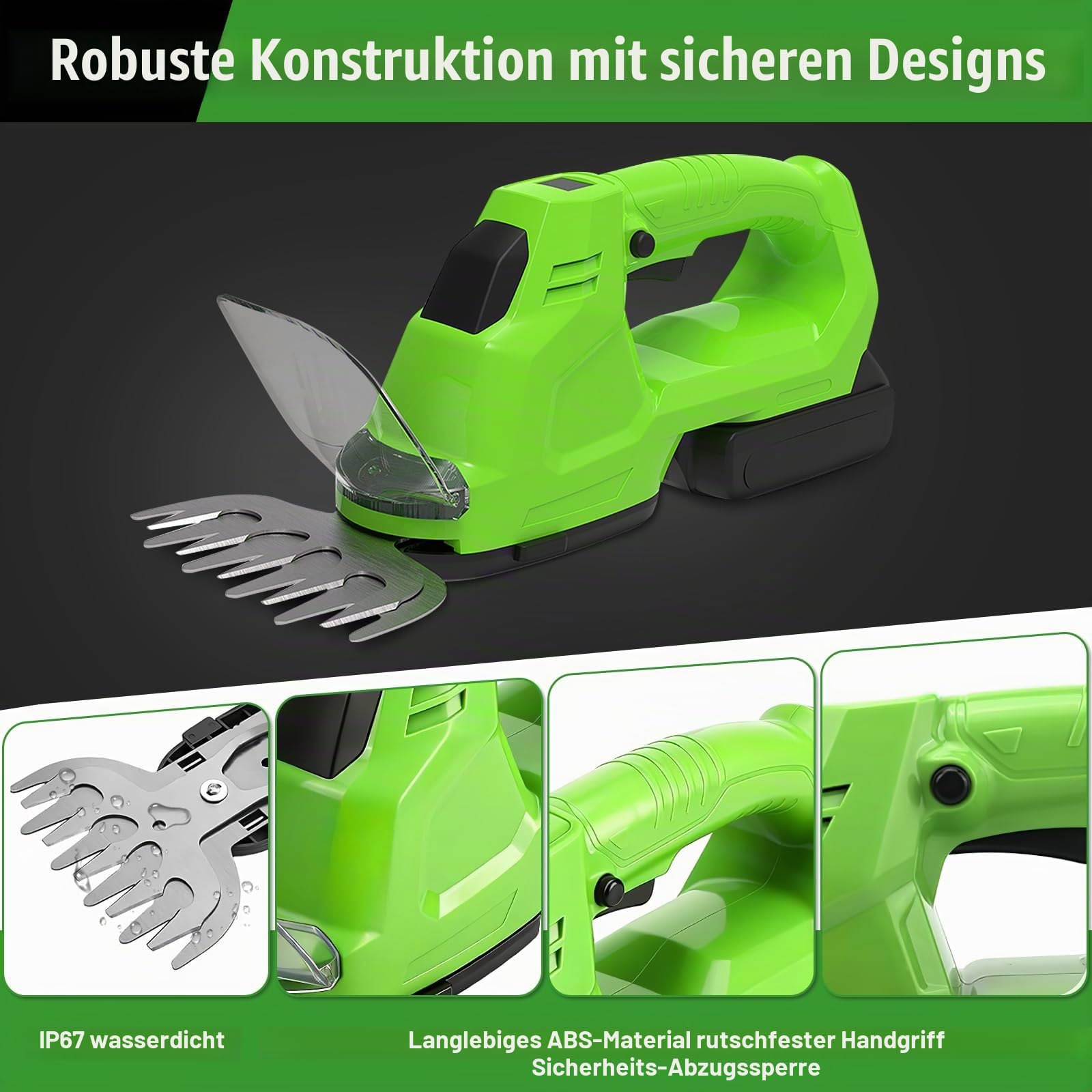 24V Akku Heckenschere, 2 in 1 Schnurlose Grasschere und Heckenschere mit Batterieanzeige, Elektrogartenscheren mit 2x1500mAh Wiederaufladbaren Batterien, 100mm+300mm Klingen und Adapter
