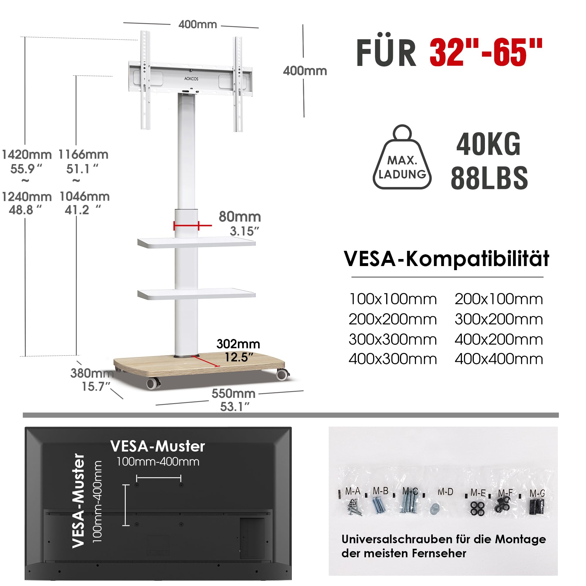 AOKCOS TV Ständer Rollbar mit Holzablage 2 Regal, Fernsehständer auf Rollen für 32-65 Zoll TV, TV Bodenständer Höhenverstellbar Drehbar, bis 40 kg Max. VESA 400x400mm (Weiß+Natur)