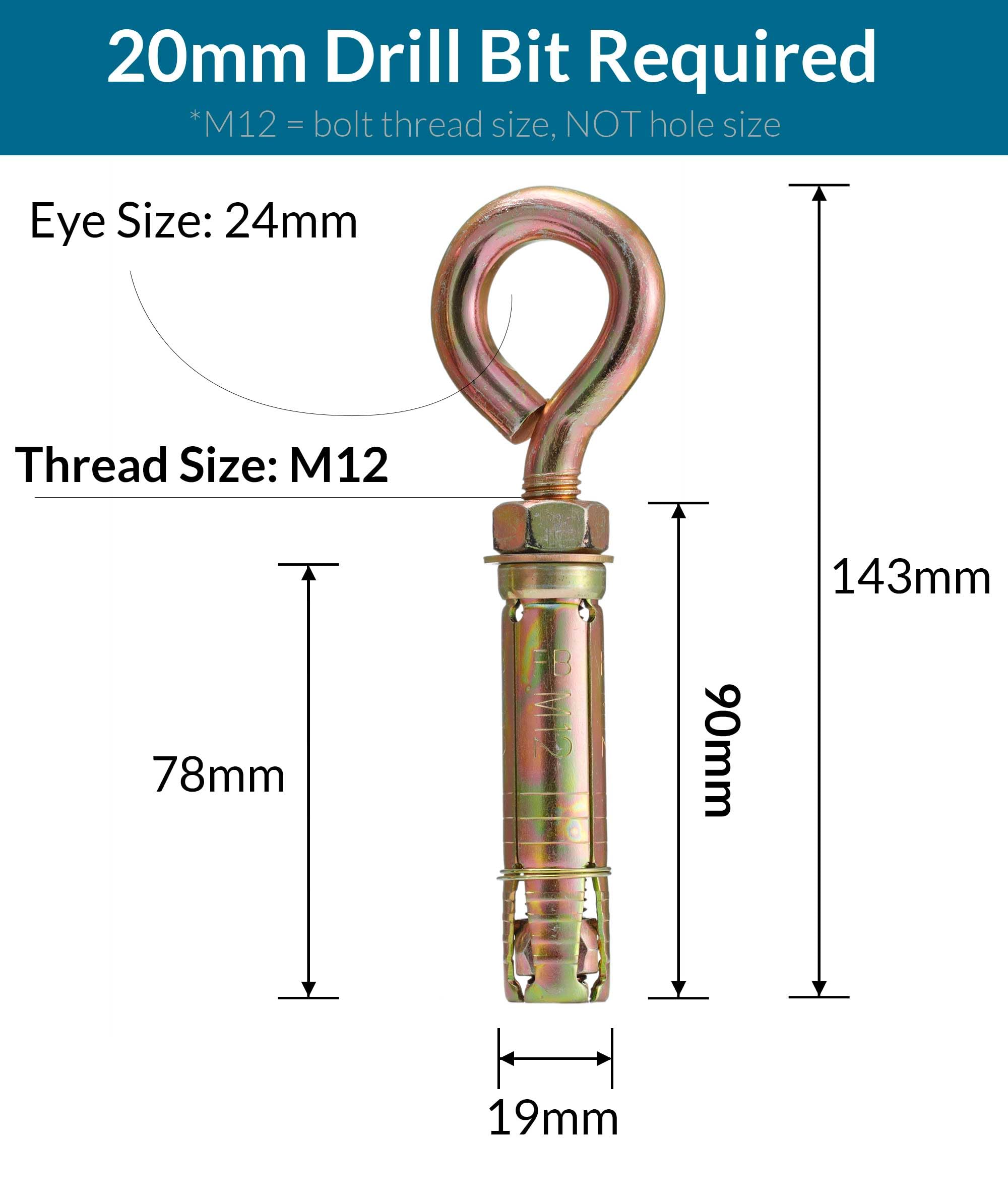 Bullone ad occhiello M12 x 90 mm per muratura con dado esagonale, vite in acciaio zincato giallo con anello per fissaggio resistente, 2 pezzi