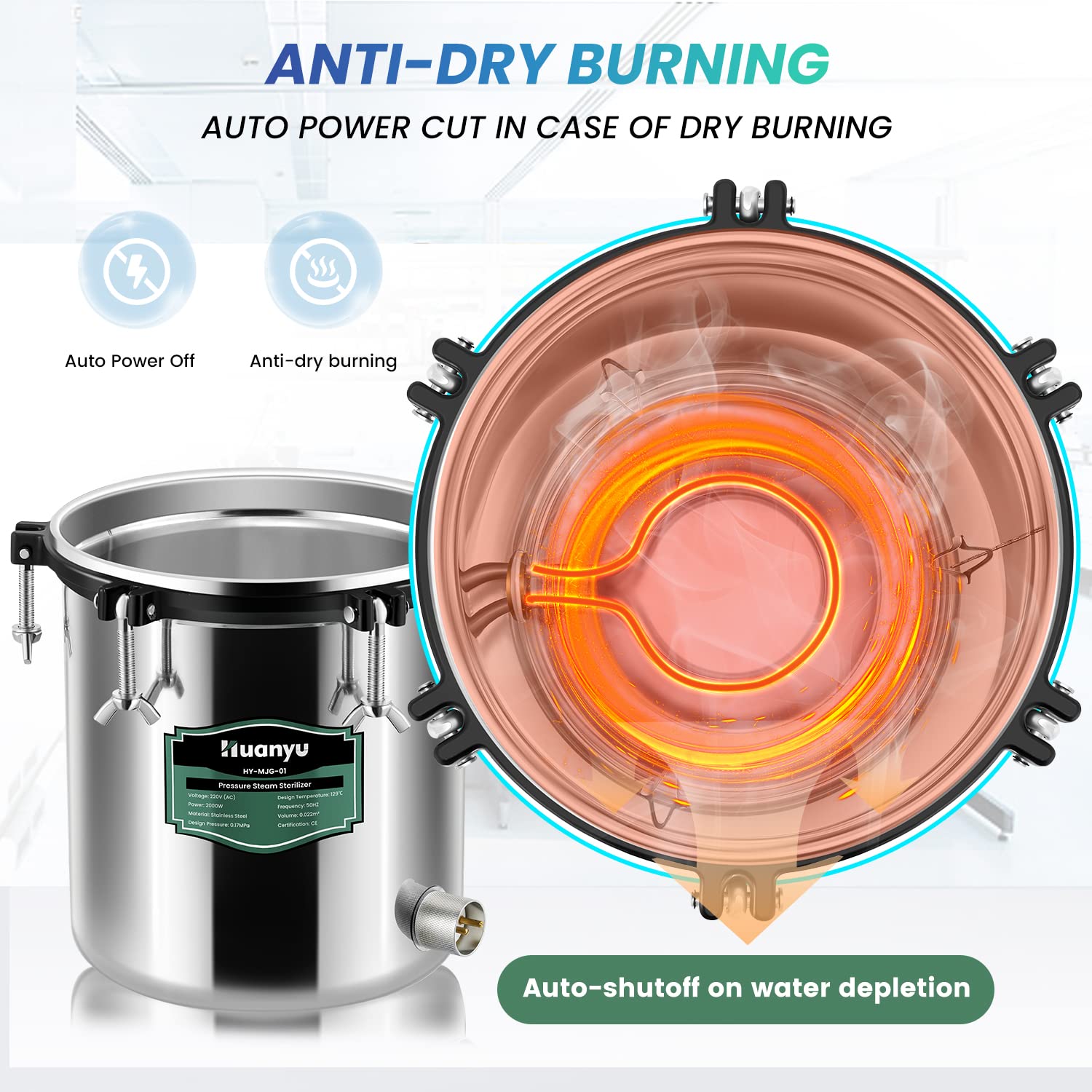 Huanyu Sterilizzatore autoclave 18L con valvola di sgonfiaggio e valvola di sicurezza Sterilizzatore a vapore ad alta pressione anti-combustione per laboratori, università e ospedali