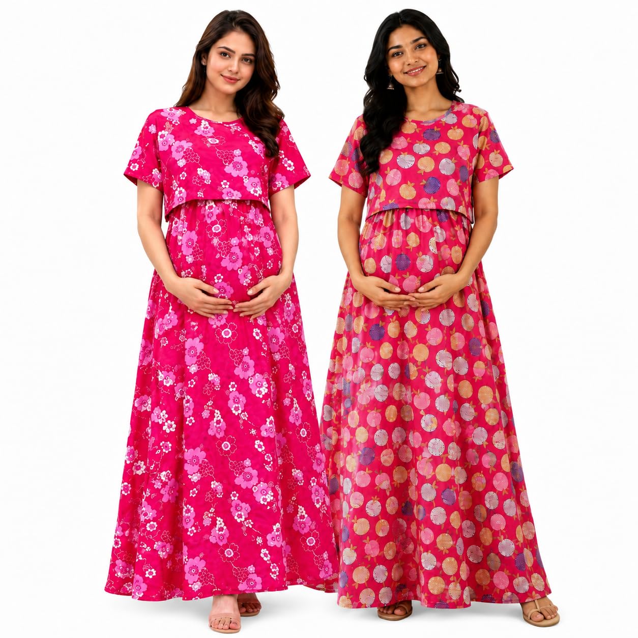 JRP Creation Women's 100% Cotton Zipless Feeding Maternity Nighty Pack of 2 | Pull Up Nursing Night Dress, Feeding Wear Back Tie with Side Pocket | Pink Color | Size - L-image-10