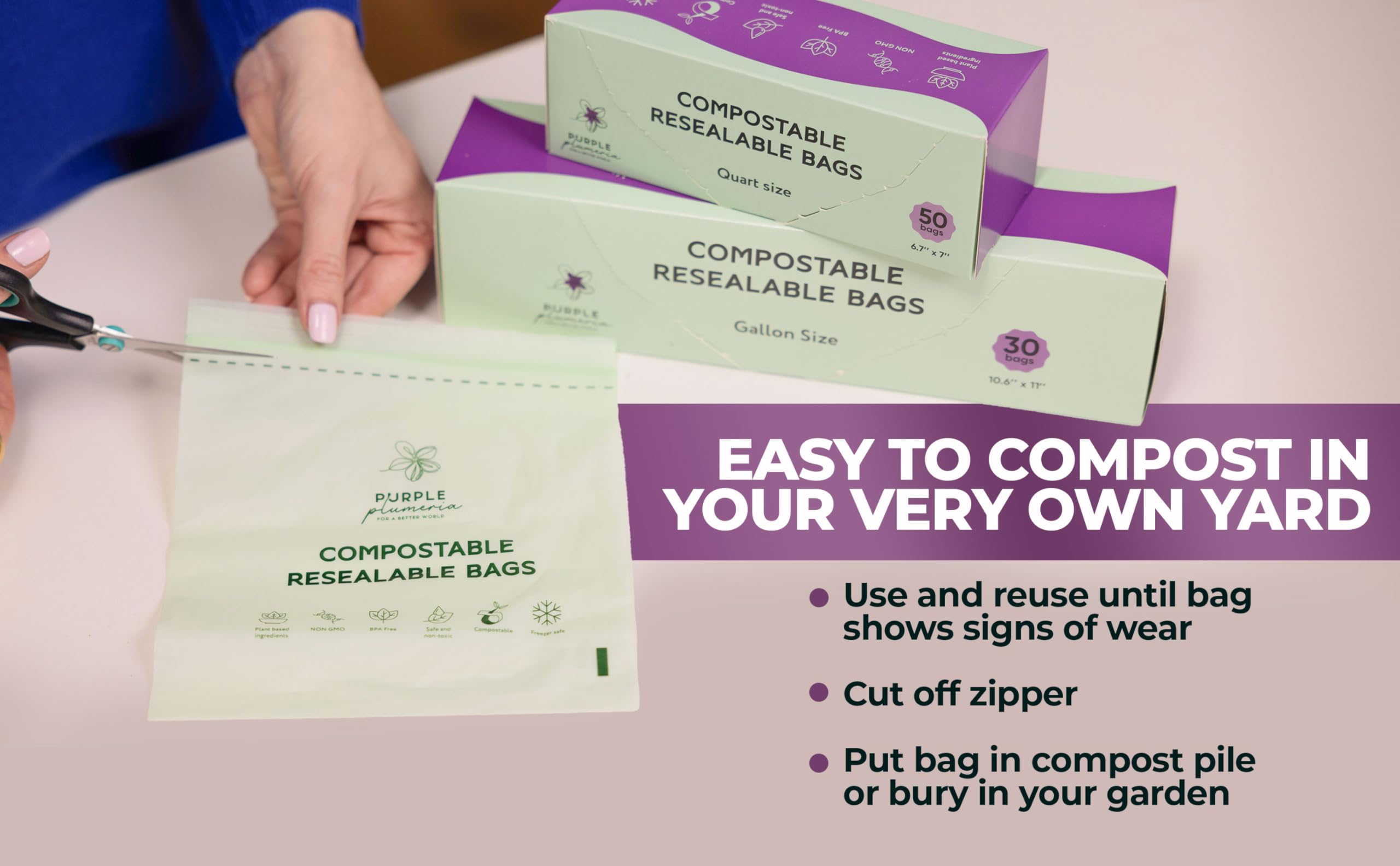 Bolsa con cremallera 100% compostable, a base biológica resellable, ecológica, segura para congelador, bolsas extra fuertes, bolsas de almacenamiento de alimentos, bolsas reutilizables a base de