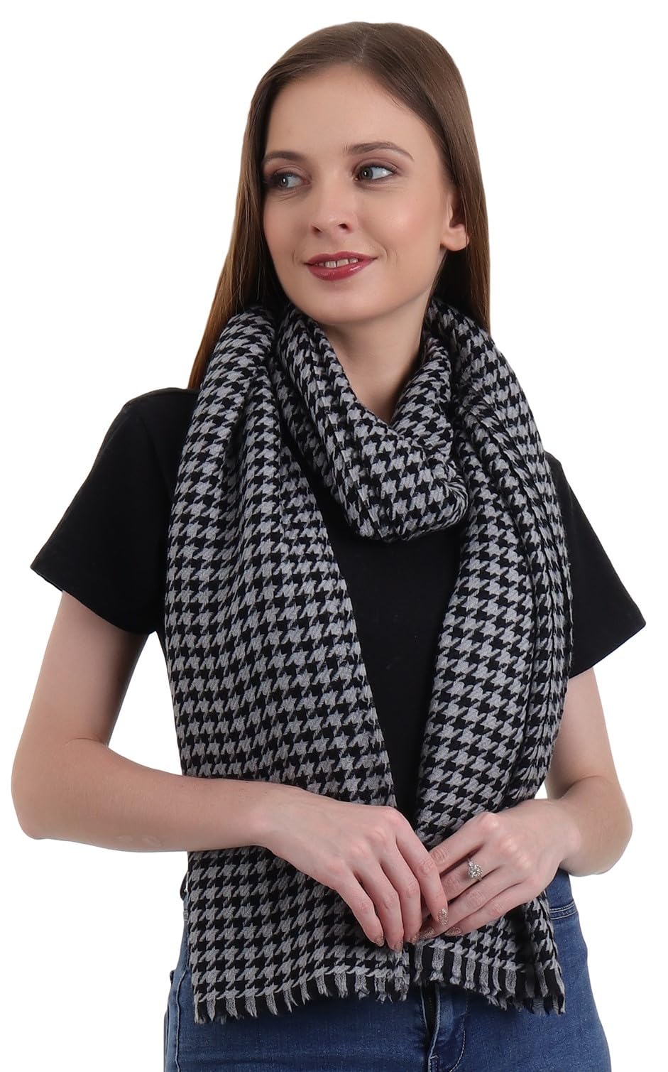 Eh Women's Grey & Black 100% Pure Cashmere Scarf, Stole Houndstooth, Warm Large Buttery Soft Pashmina, Large